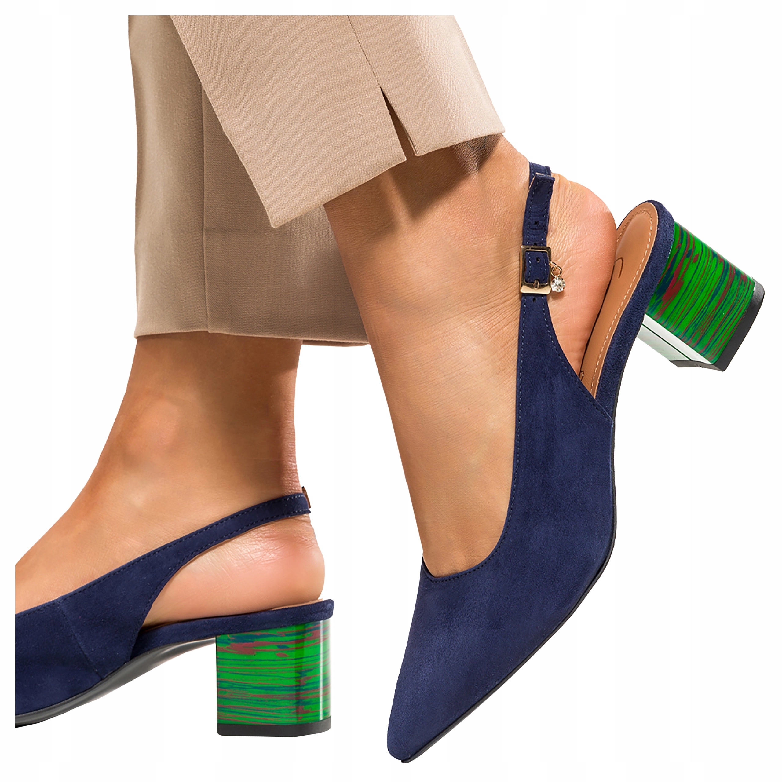 Dámské kožené lodičky na zeleném bloku, modré, Polský výrobek, velikost 40