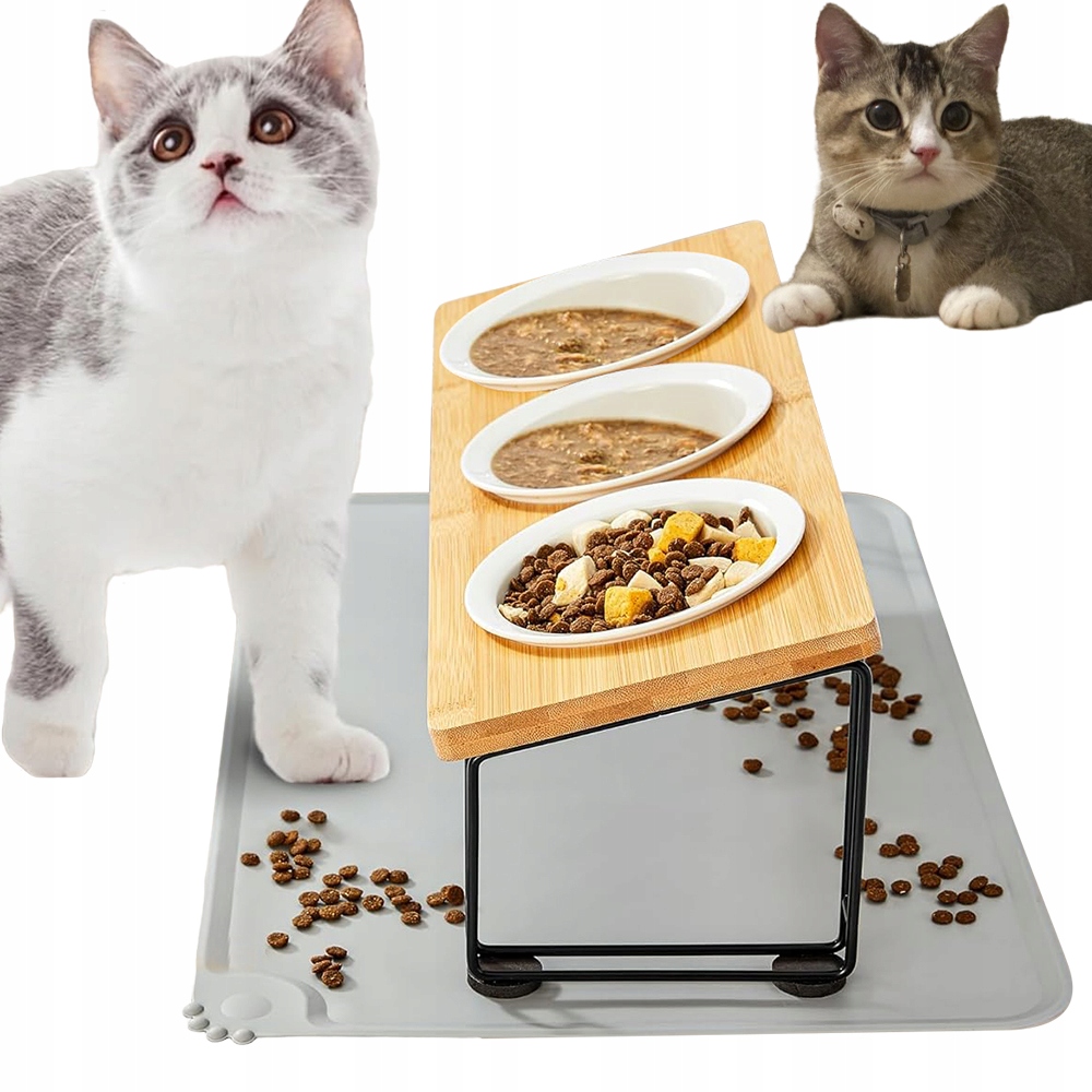 Levně Keramická Miska Na Krmení 15° S Silikonovou Podložkou 3 Misky Dřevěná Polička