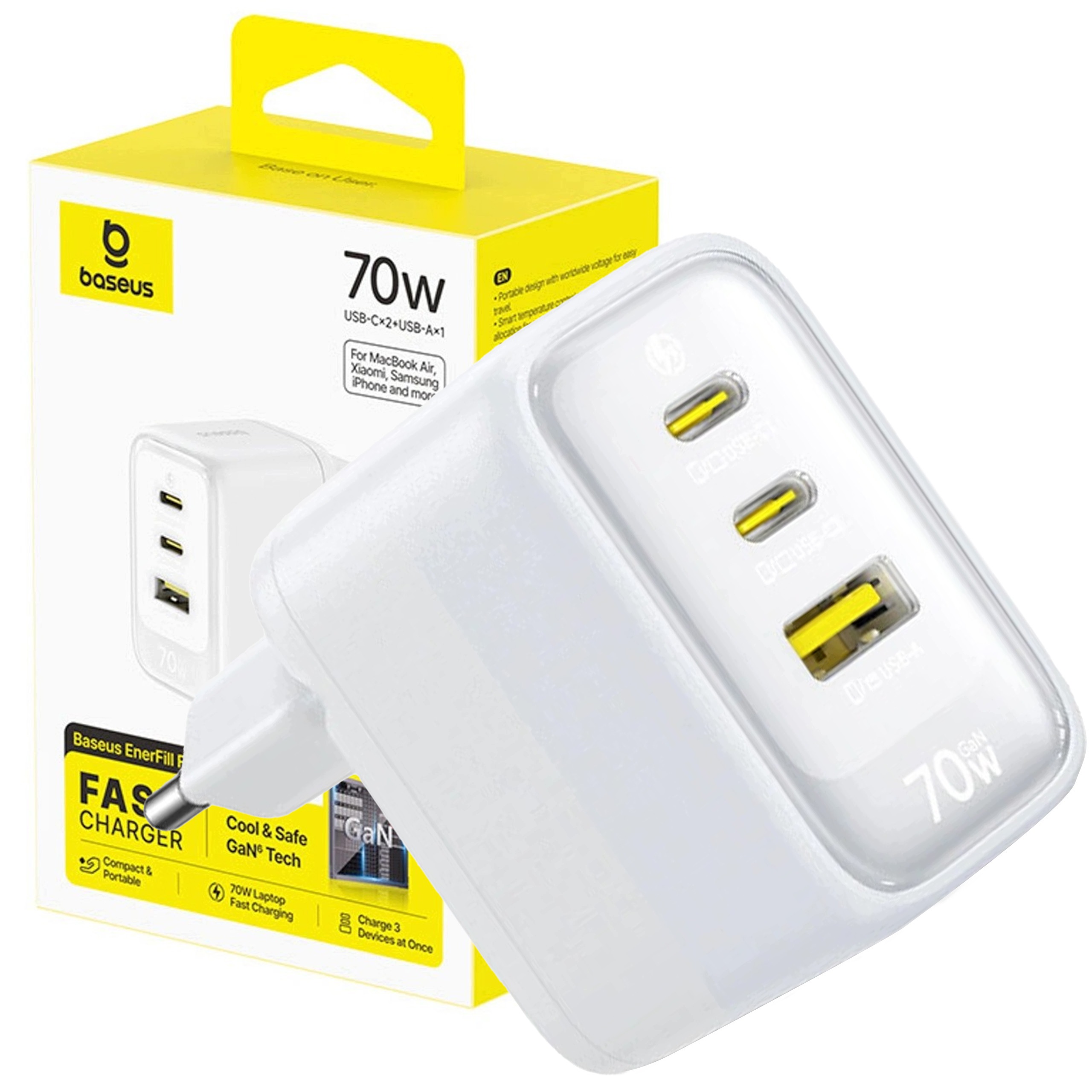 Rychlá Síťová Nabíječka Baseus 70W Gan 2x Usb-c Type-c Usb-a Pd Qc Pps