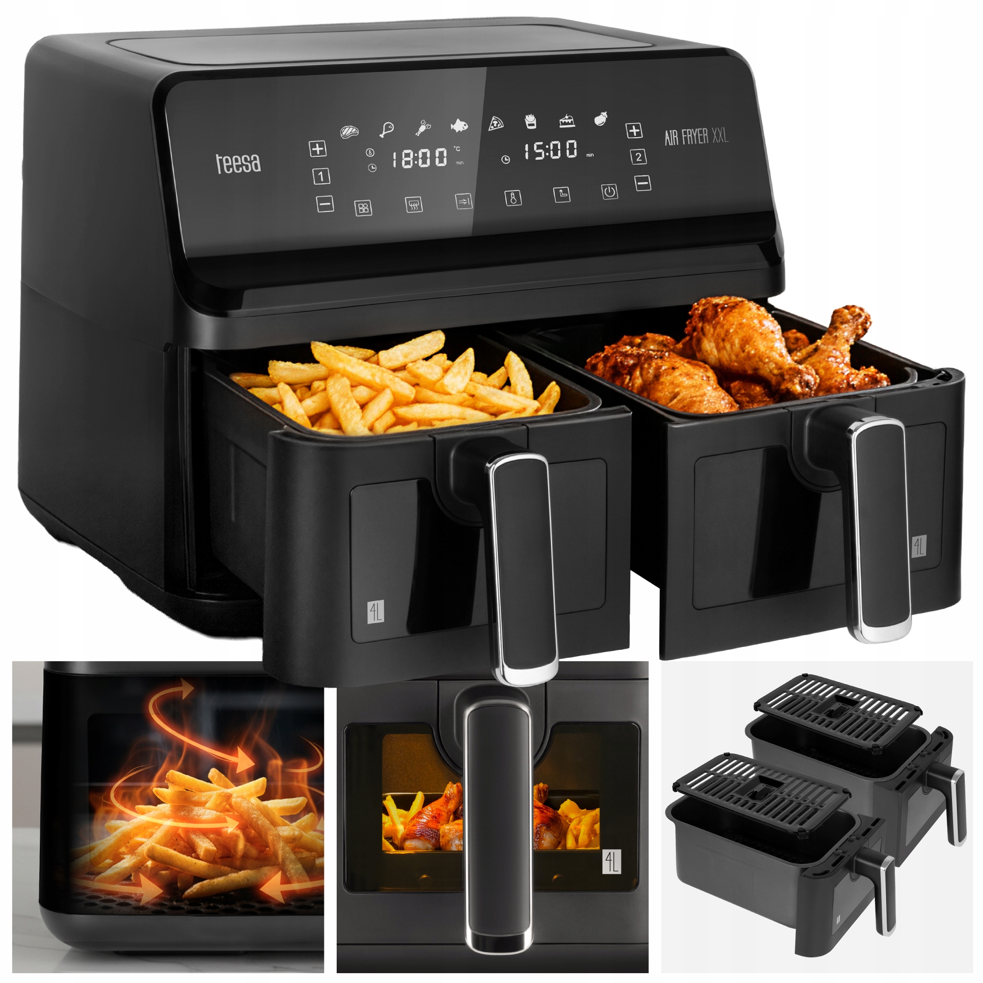 Frytkownica beztłuszczowa XXL 8L 2700W dwukomorowa Teesa Air Fryer Dual Pot