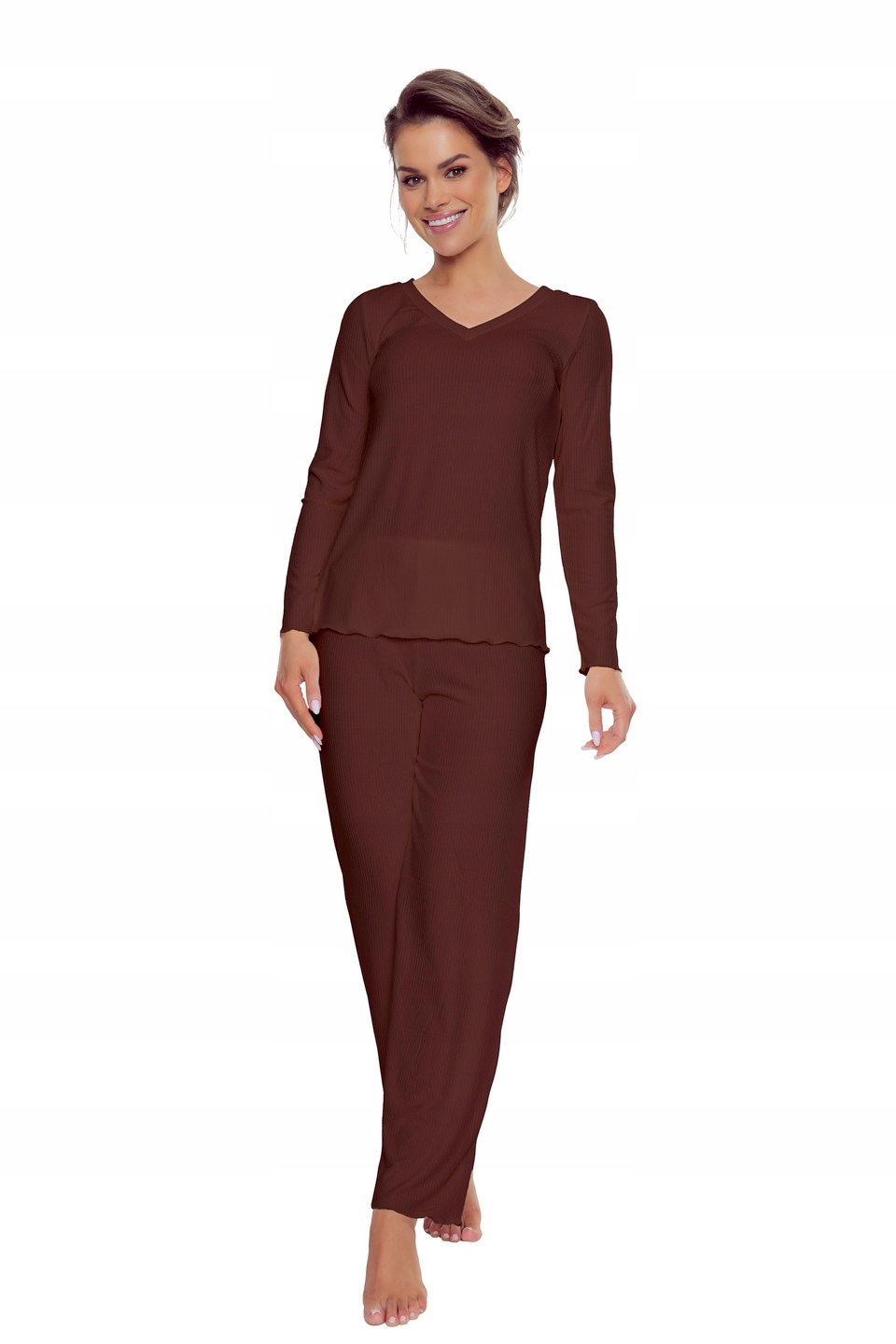 Eldar Rosaria komplet z žebrované viskózy, halenka a kalhoty čokoláda 3XL