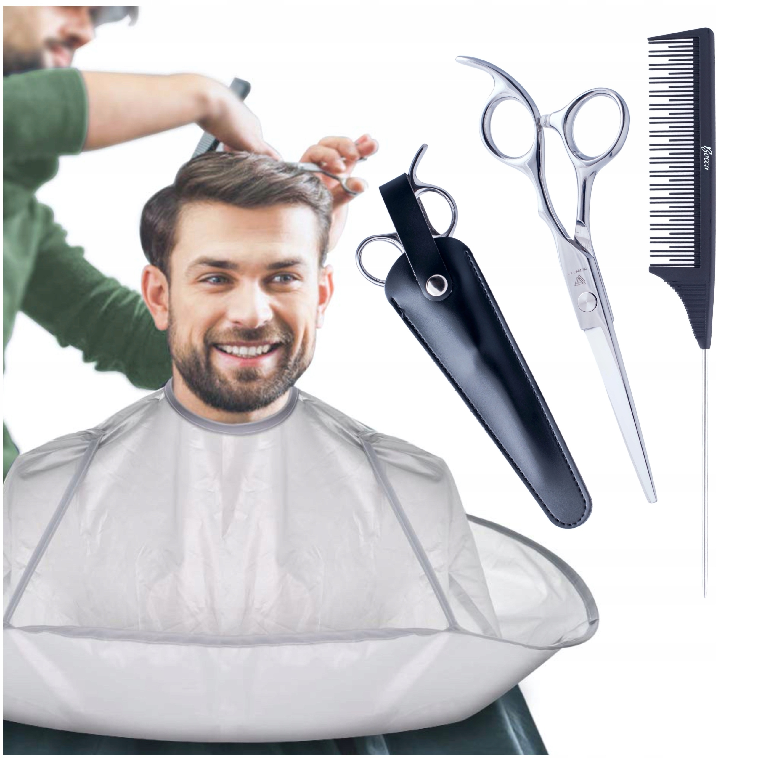 Sada Kadeřnický Límec Pláštěnka Kreza Nůžky Ostré Pevný Hřeben