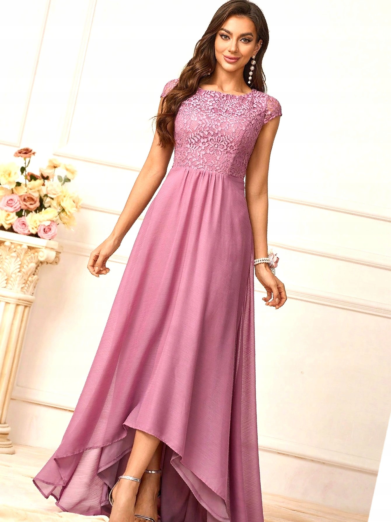 Šaty Šifonové s krajkovým výstřihem Fialové Dlouhé S 36