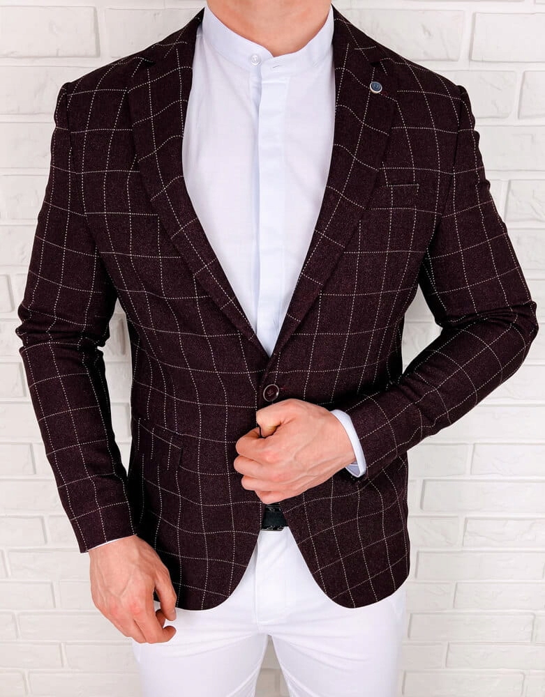 Bordowa marynarka meska w biala krate elegancka 48 Marka inna