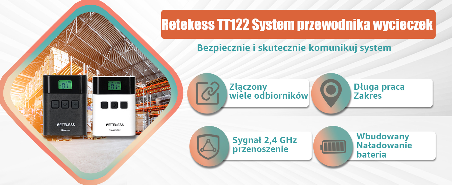 Retekess TT122 System Przewodników Wycieczek, Zestaw Tour Guide,150m,2.4GHz Typ mikrofonu nagłowne