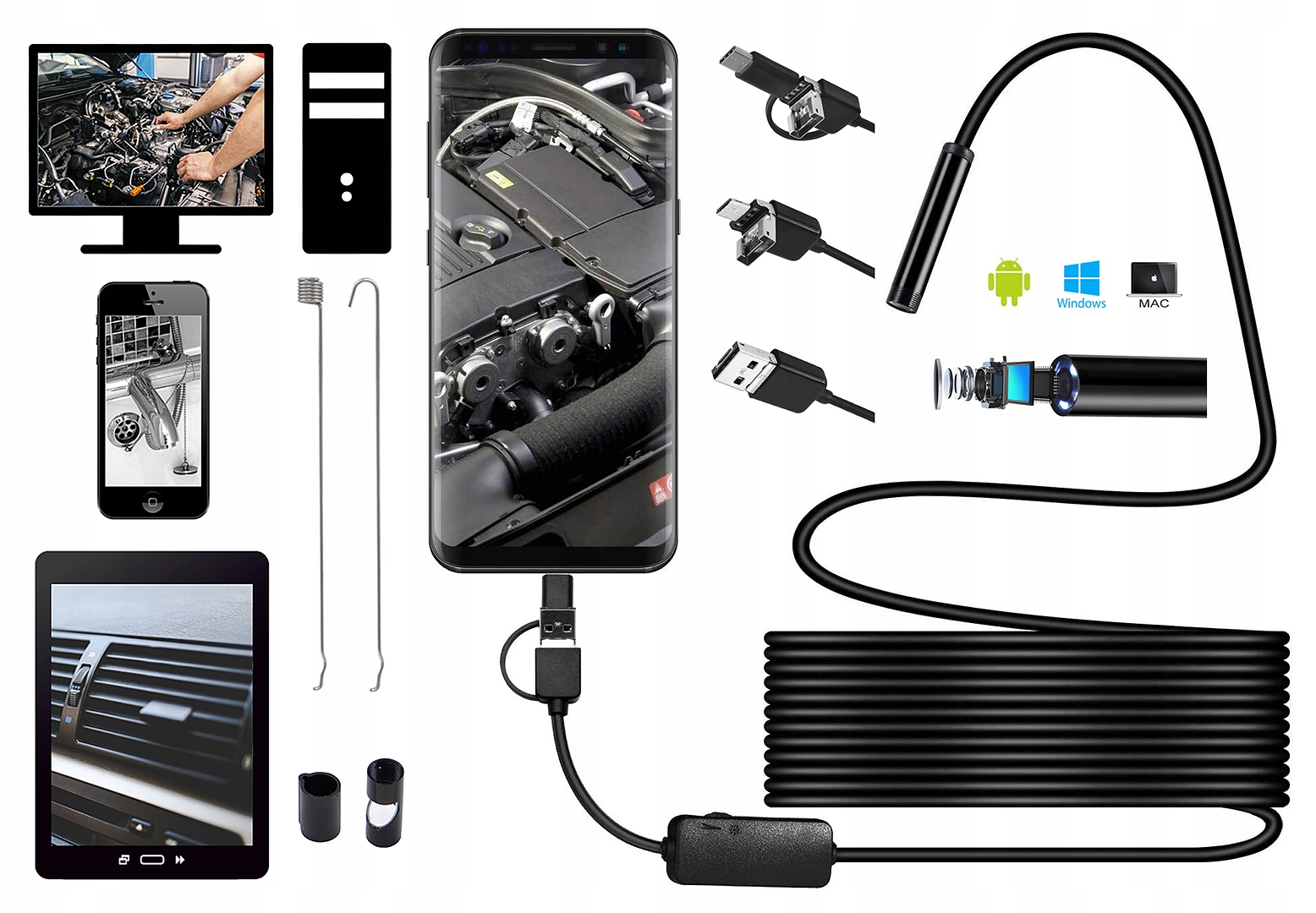 Камера осмотра ХД эндоскоп УСБ ОТГ 8мм 5М