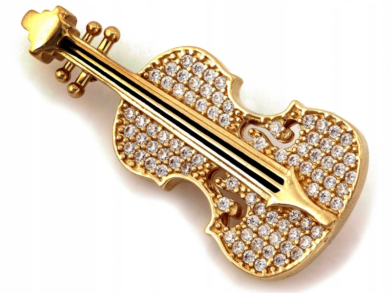 Brož zlatá 585 14kt housle zdobené zirkony 6.21g elegantní doplněk