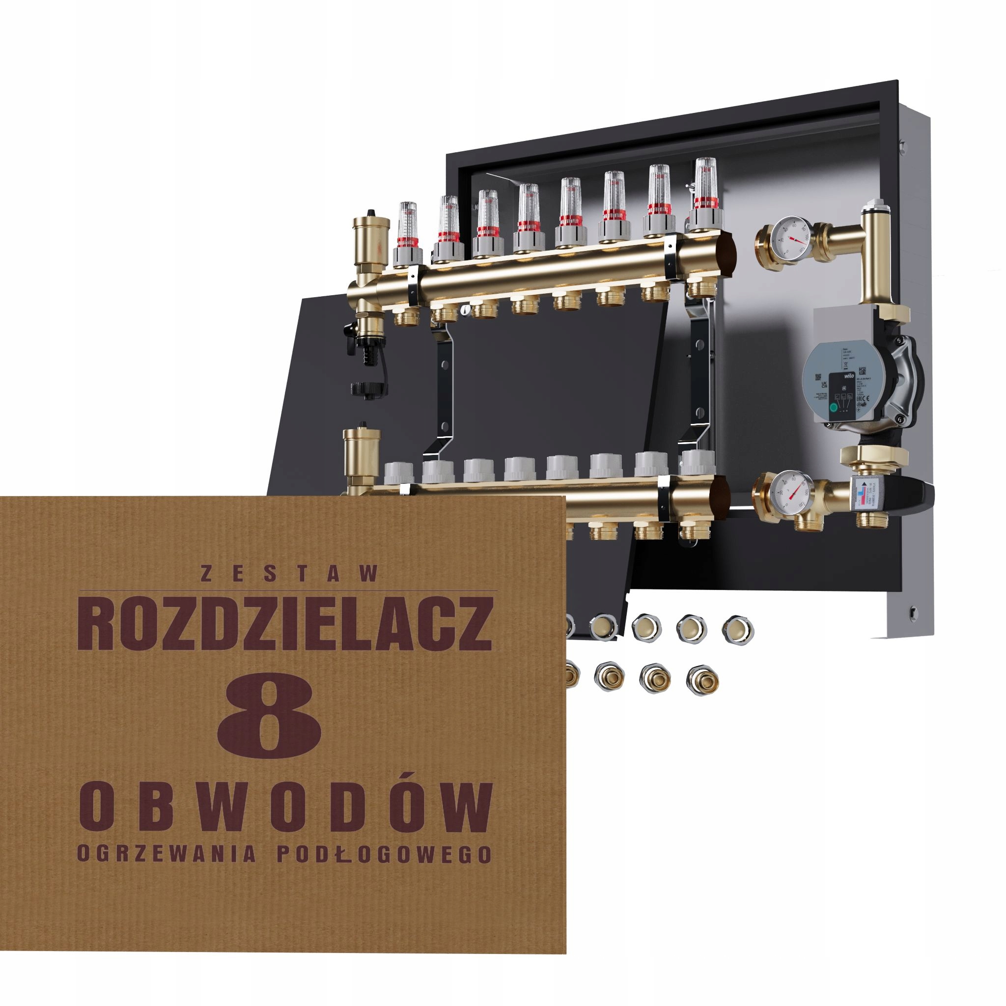 Rozdělovač pro podlahu 8 okruhů s čerpadlem Wilo podomítkový černý Pex