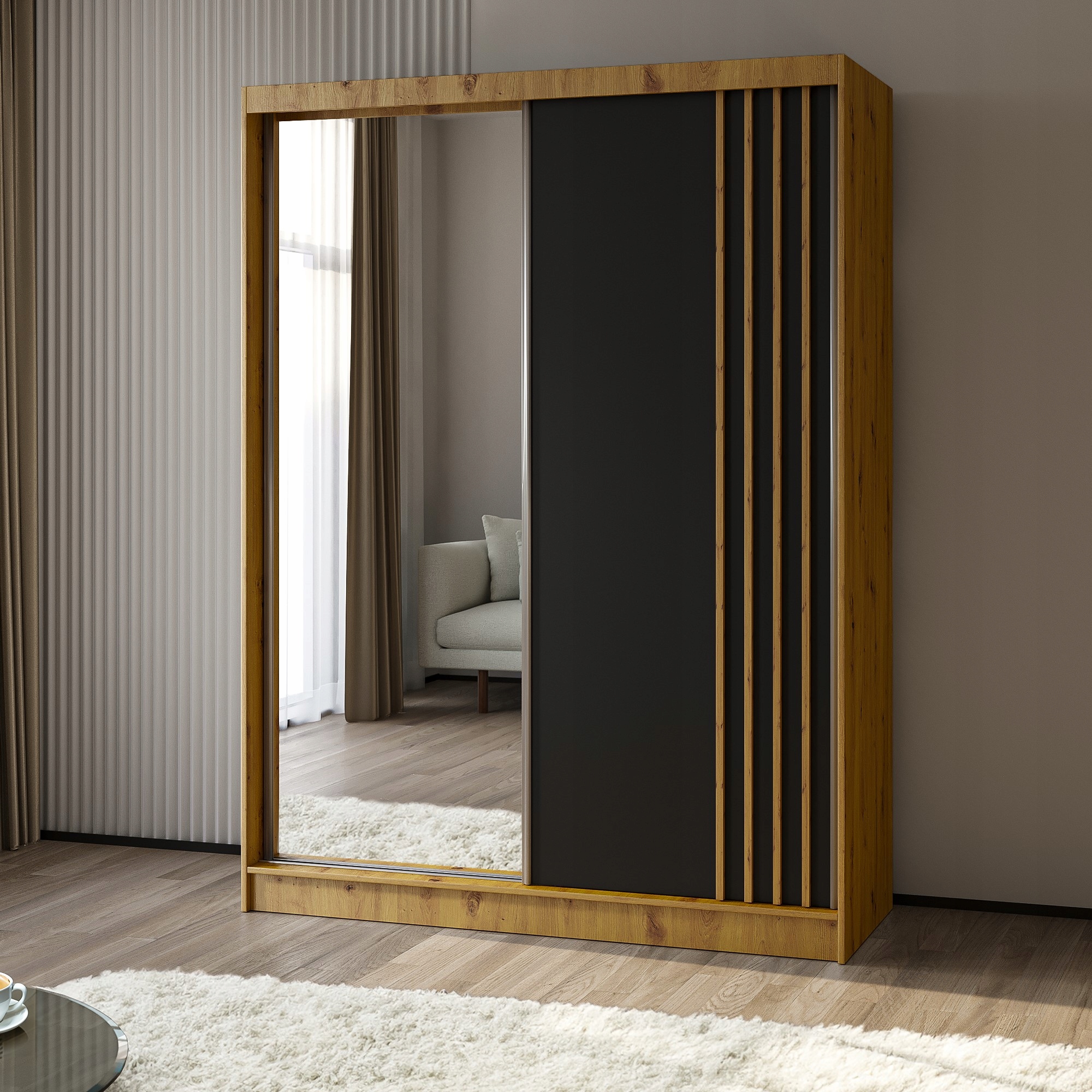 Skříň Nelvia 160 cm Skříň se zrcadlem Posuvná dub artisan