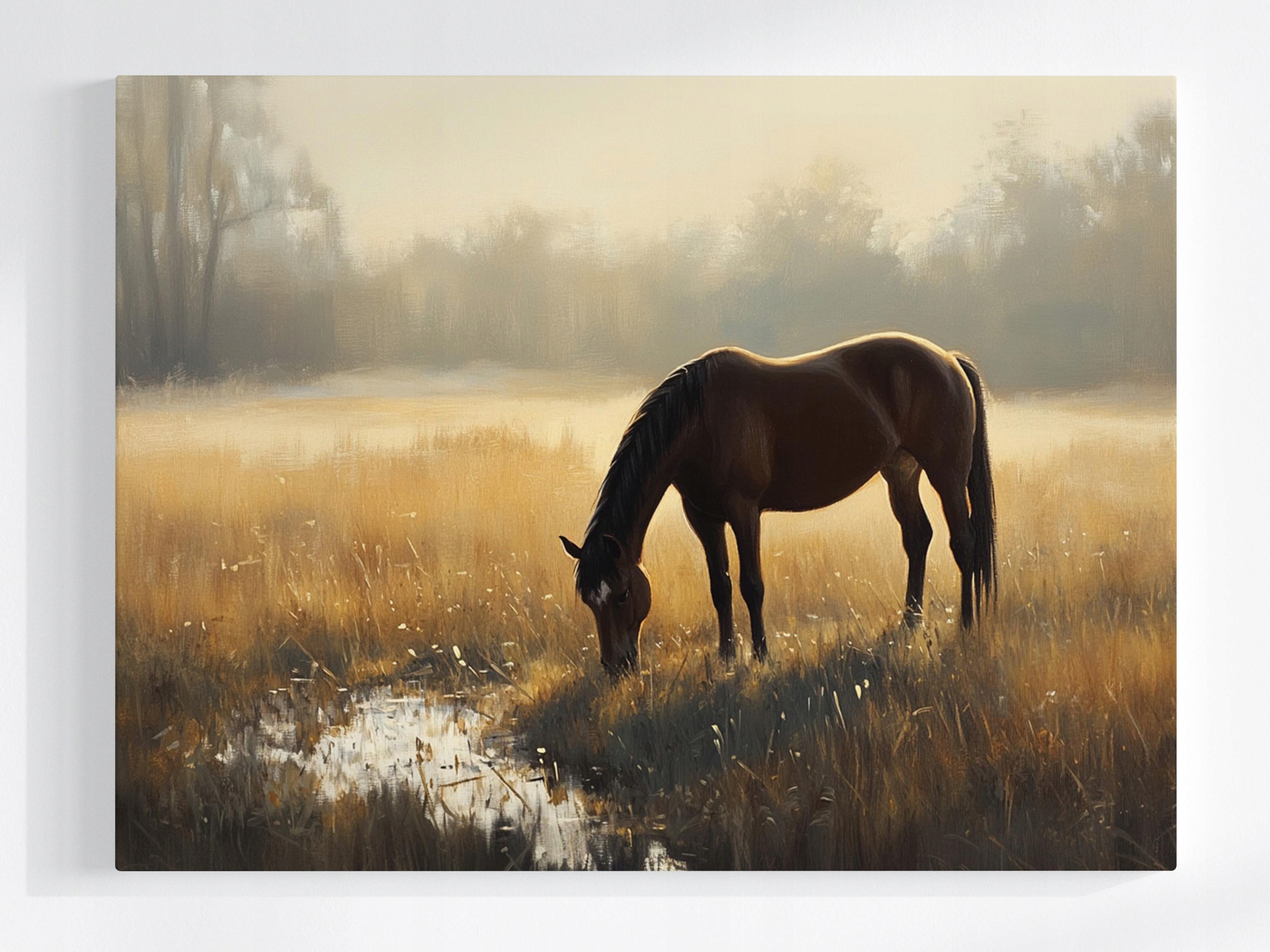 Obraz Na Plátně Canvas Krajina Venkovní Louka Kůň Kaštan Ráno Mlha 80x60