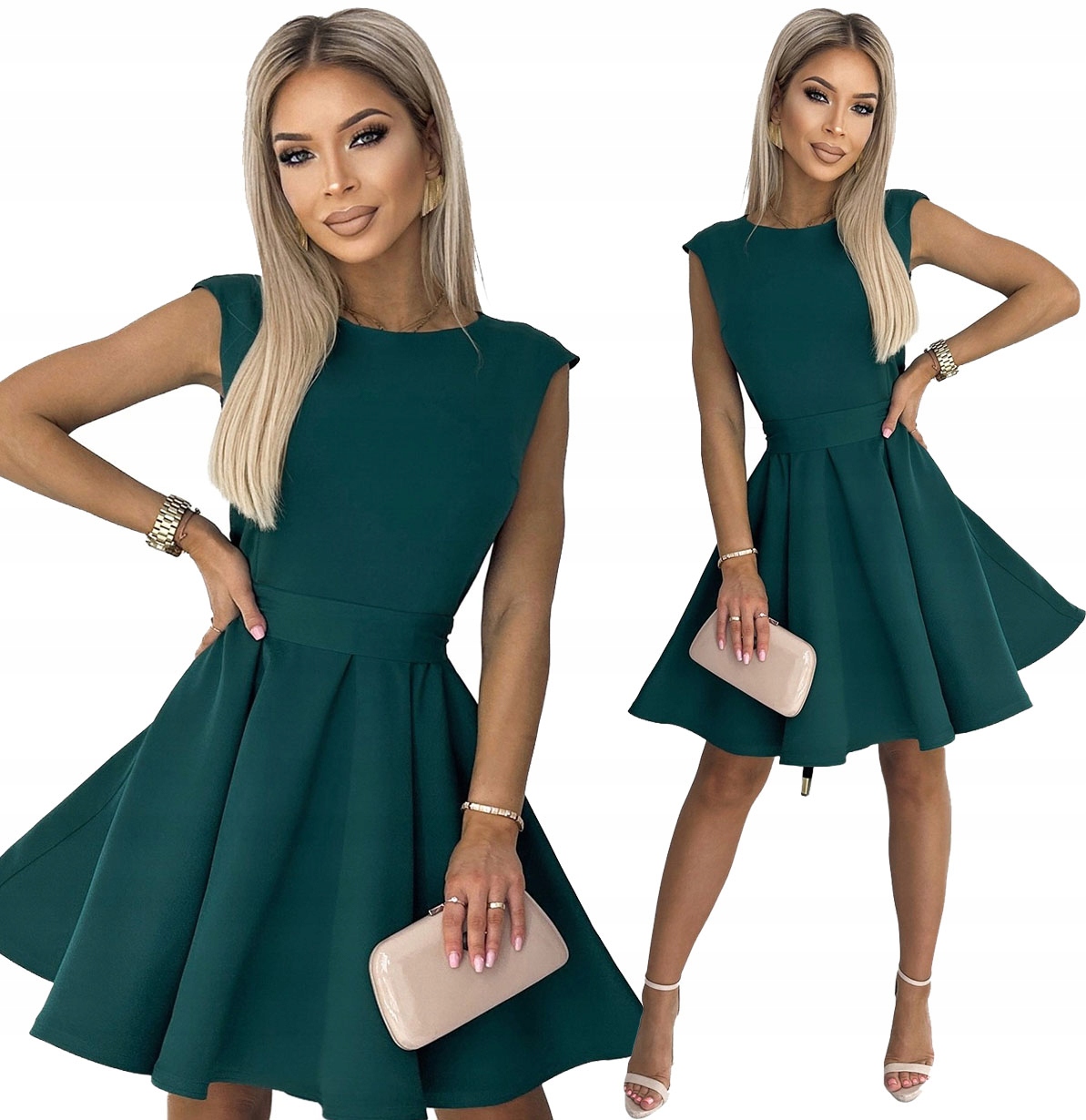 Elegantní Rozkládací Šaty S Pásek V Pase Bez Rukávů Zeleň XL