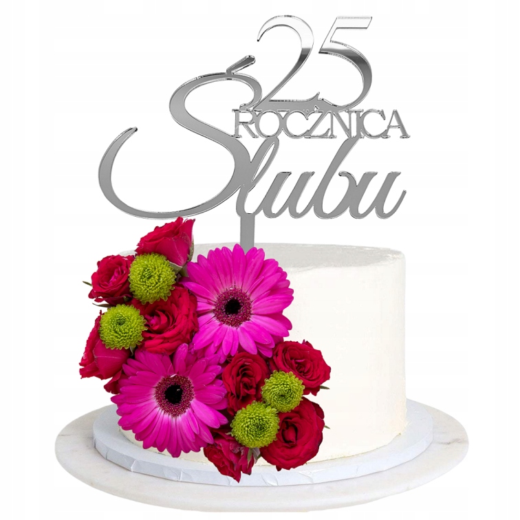 Topper na tort na 25 Rocznicę ślubu Srebrne Gody srebrne lustro plexi