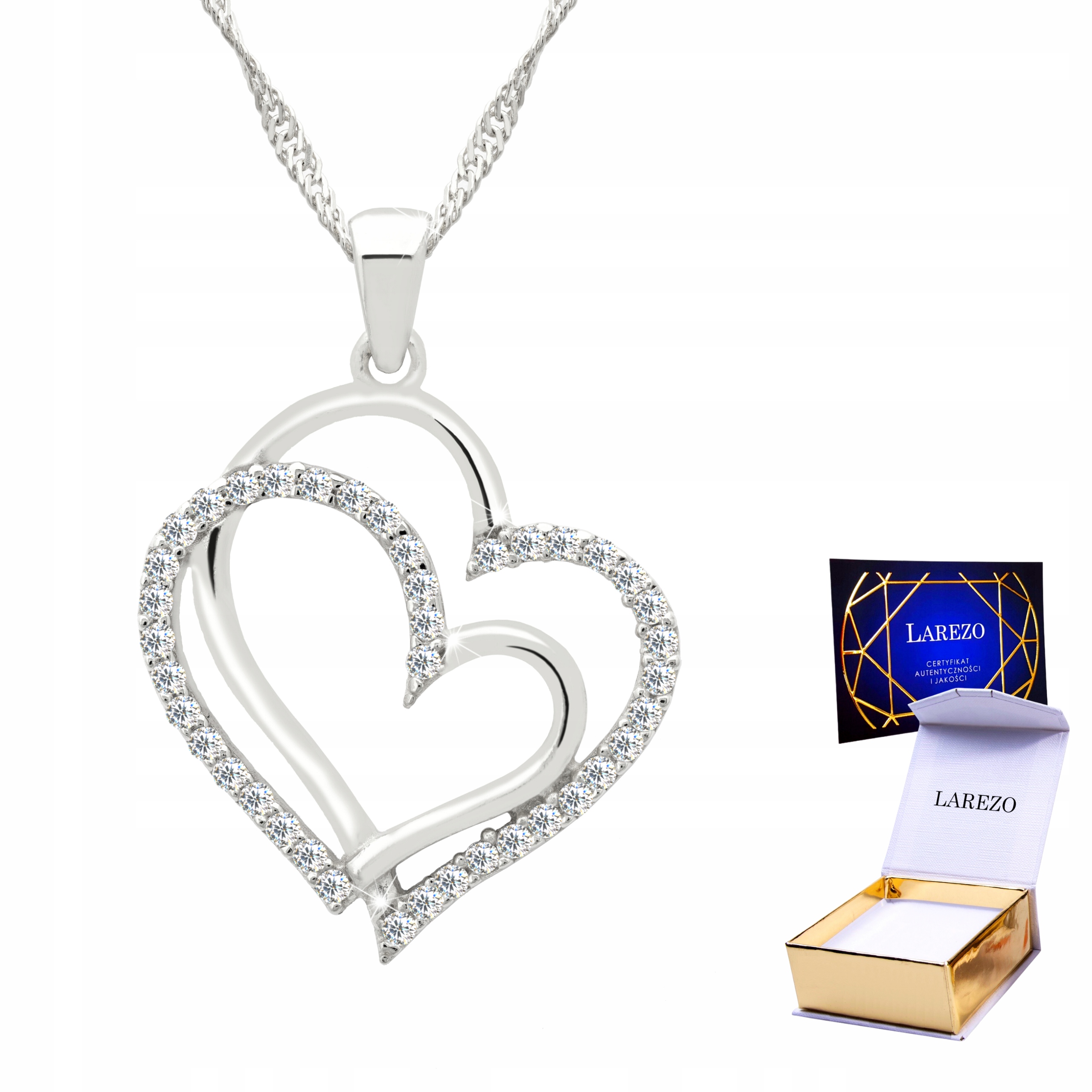 Stříbrný náhrdelník 925 Dvojité srdce Láska Dvě srdce s zirkony