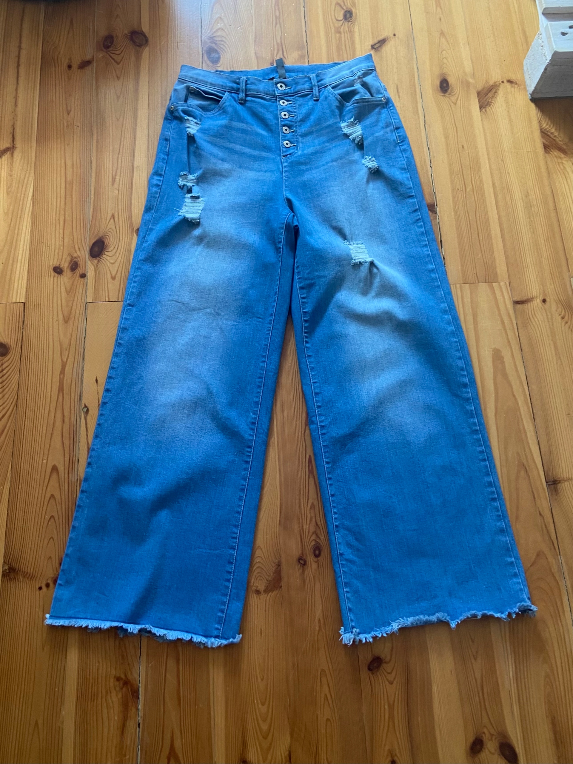 Rainbow elastyczne spodnie jeansowe szerokie nogawki wysoki stan 44 Kolor niebieski