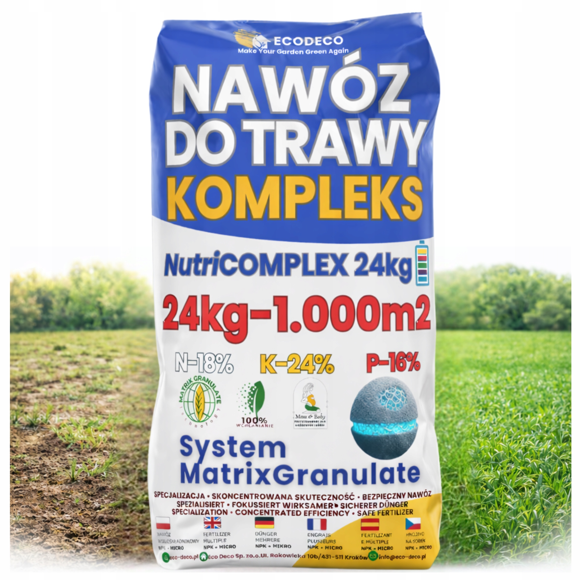 Hnojivo na Trávy Trávník 24 kg Komplex vícesložkové Granule 1000 m2