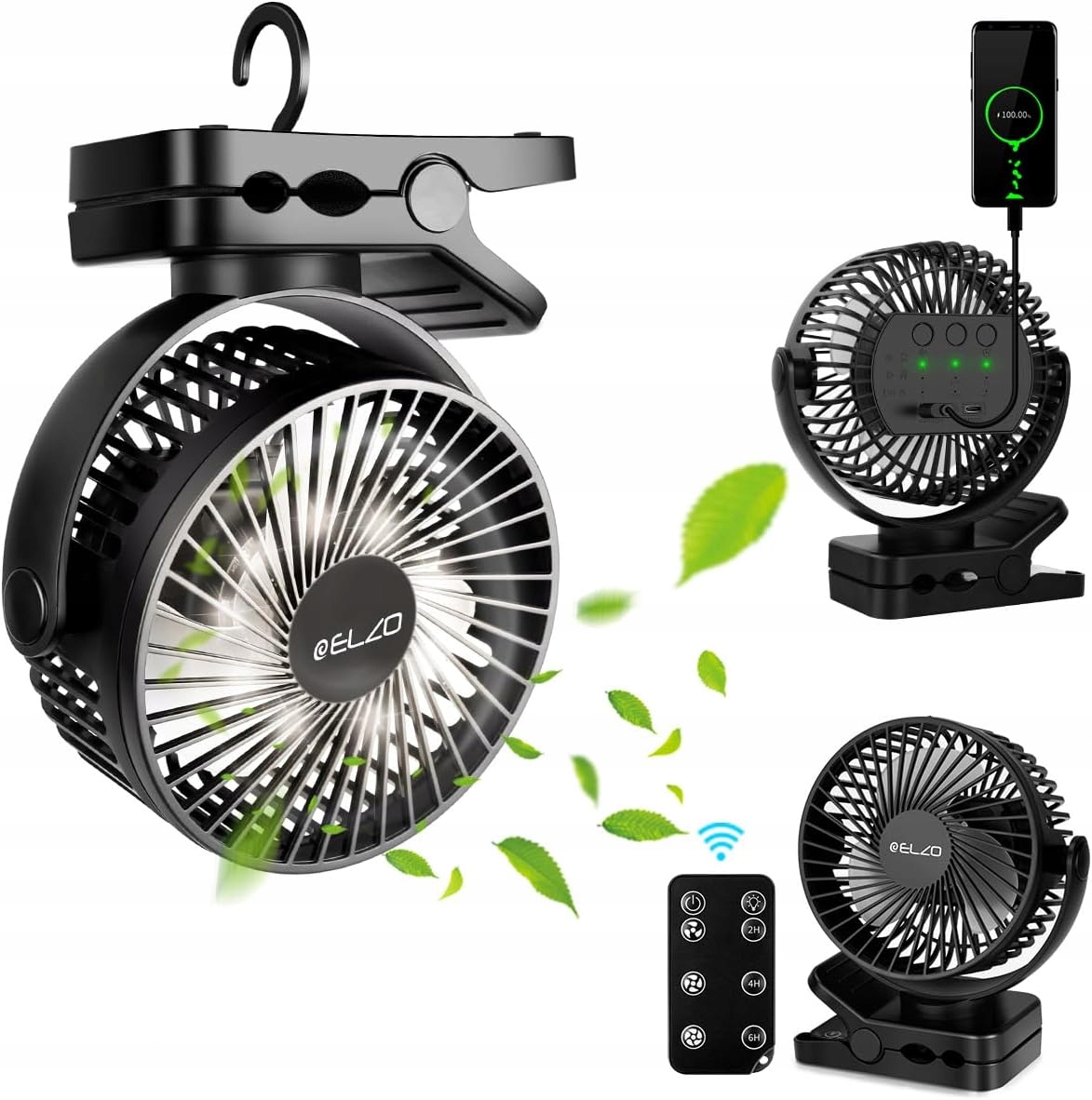 Elzo Usb ventilátor 12000 mAh Led Klips Dálkový Ovladač 3 Rychlosti 360°