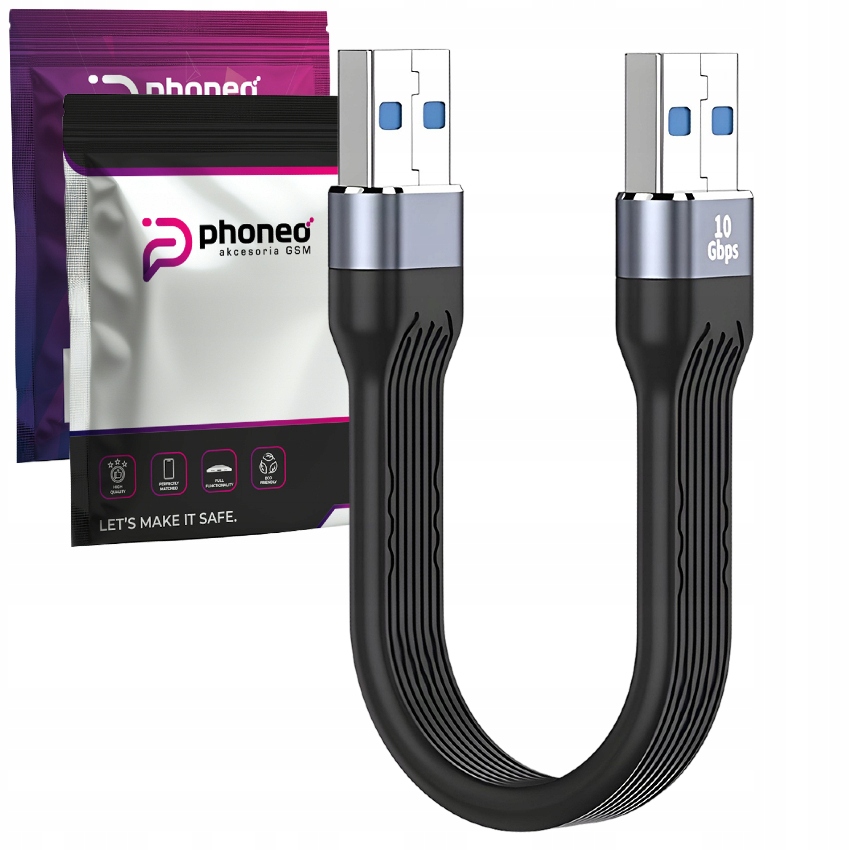 KRÓTKI KABEL GUMOWY USB-A DO USB-A MĘSKI 10GBPS 13CM