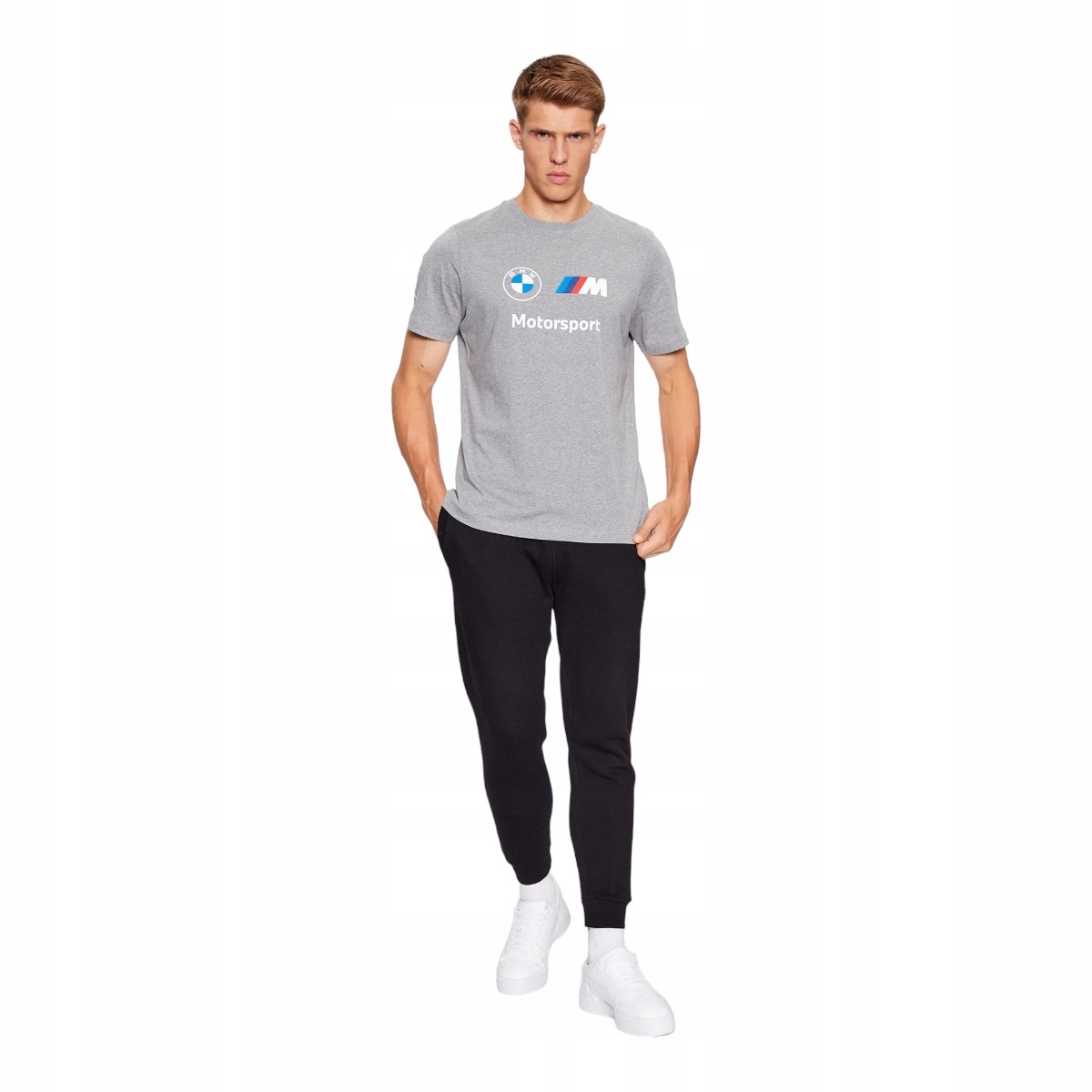 PUMA KOSZULKA MĘSKA T-SHIRT BMW MMS ESS LOGO TEE SZARA r.XL Dekolt okrągły