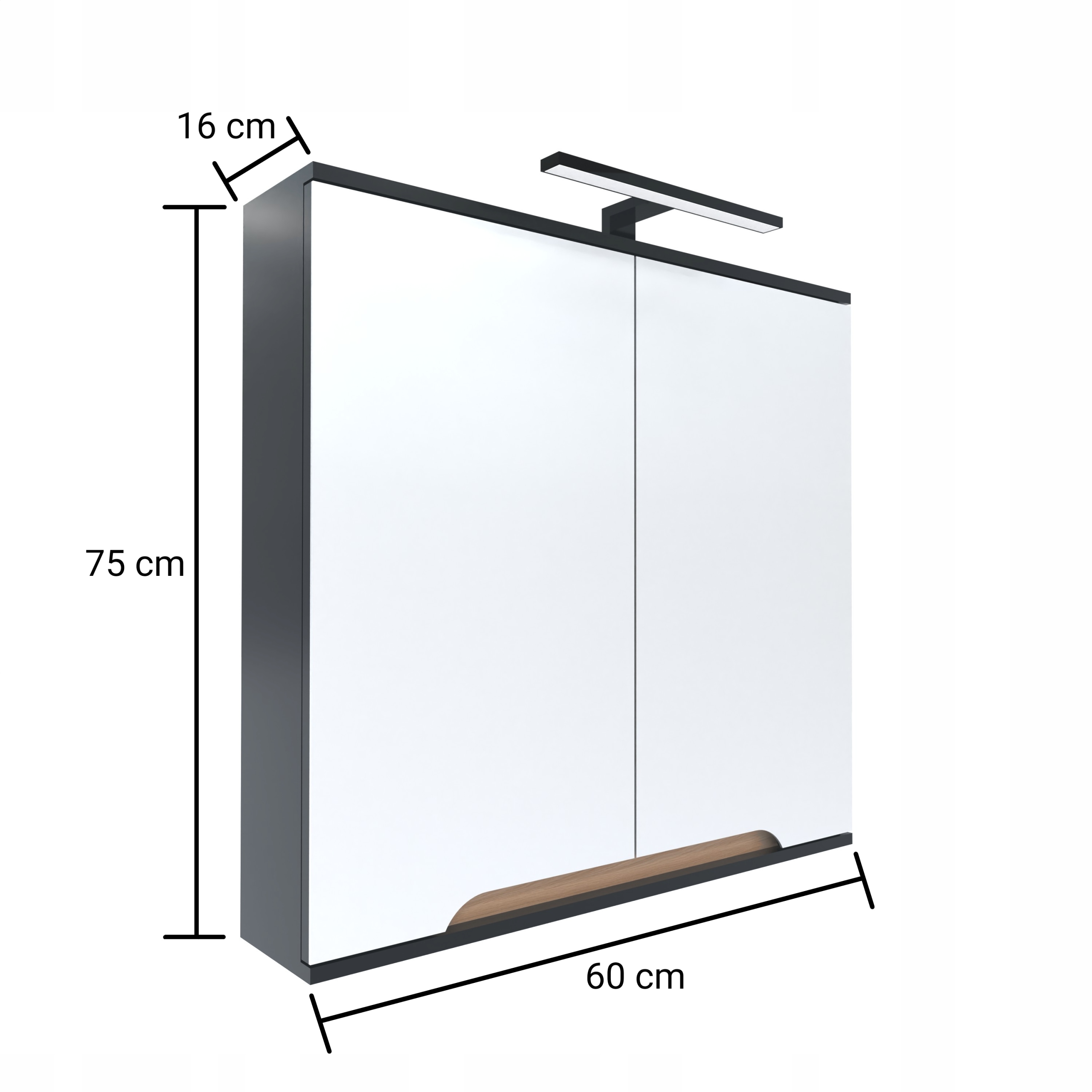 Dvojdverová skriňa so zrkadlom 60x16x75 GRAFIT/dub, Led lampa 40 cm, Omeble