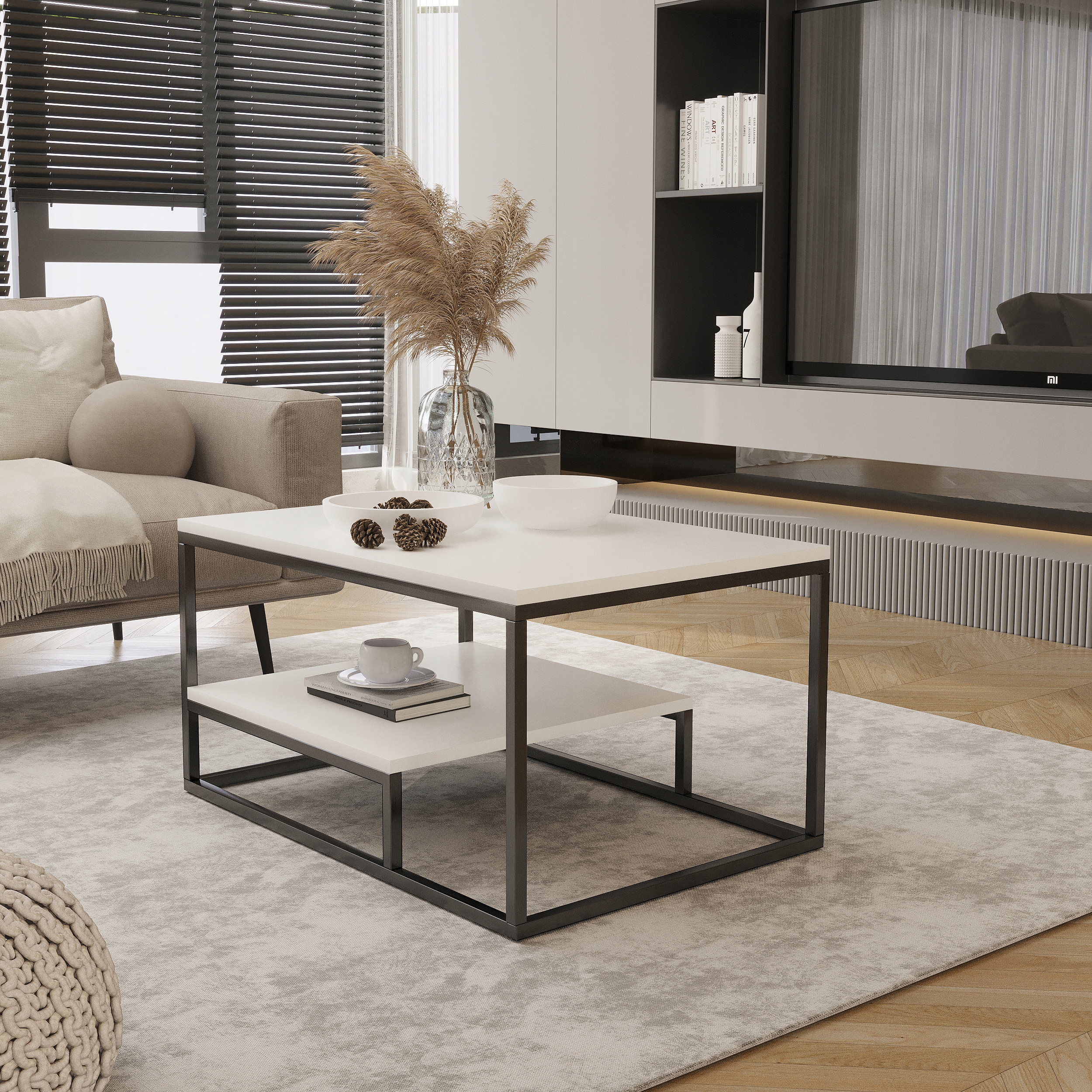 Konferenční stolek Lavička s policí Loft dvouúrovňová černá bílá deska