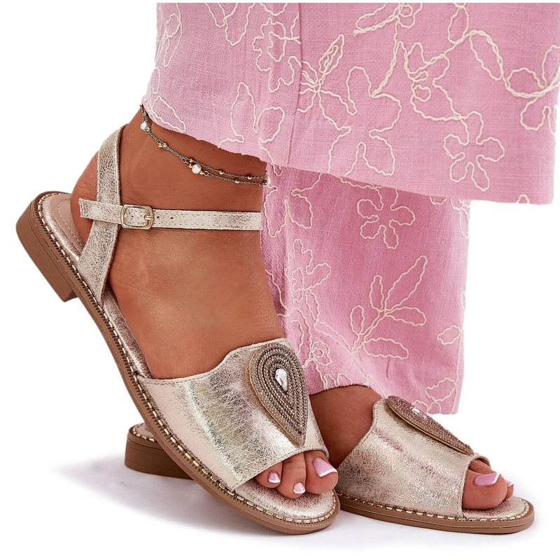 Dámské Sandály Eko Kůže Plochý Podpatek Ozdoba S.barski KV51-098 Zlaté 37