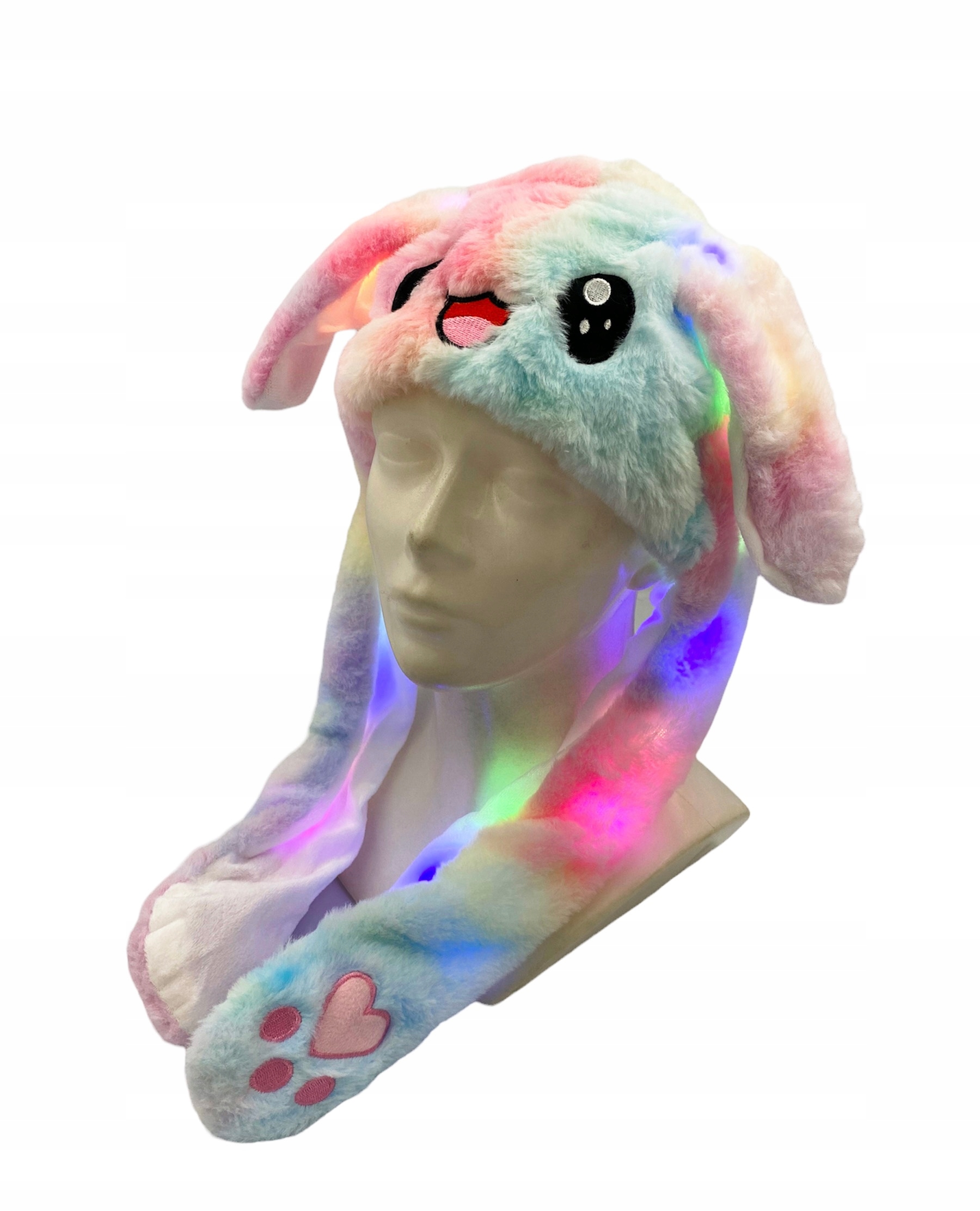CZAPKA KRÓLIK TĘCZOWY RUCHOME USZY LED na bal kostium dzieci