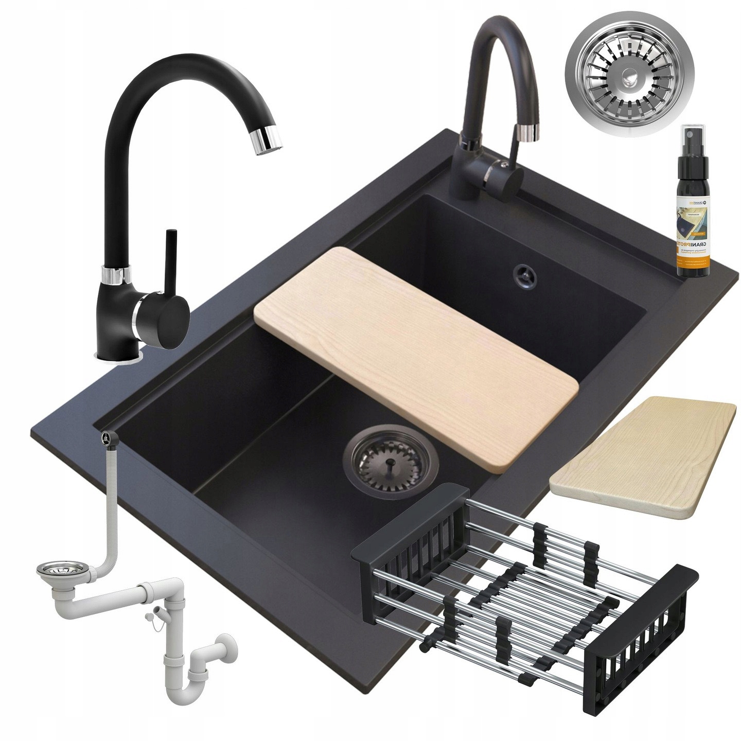 Jednokomorový Žulový Drez, čierna batéria, Drez Panama do kuchyne