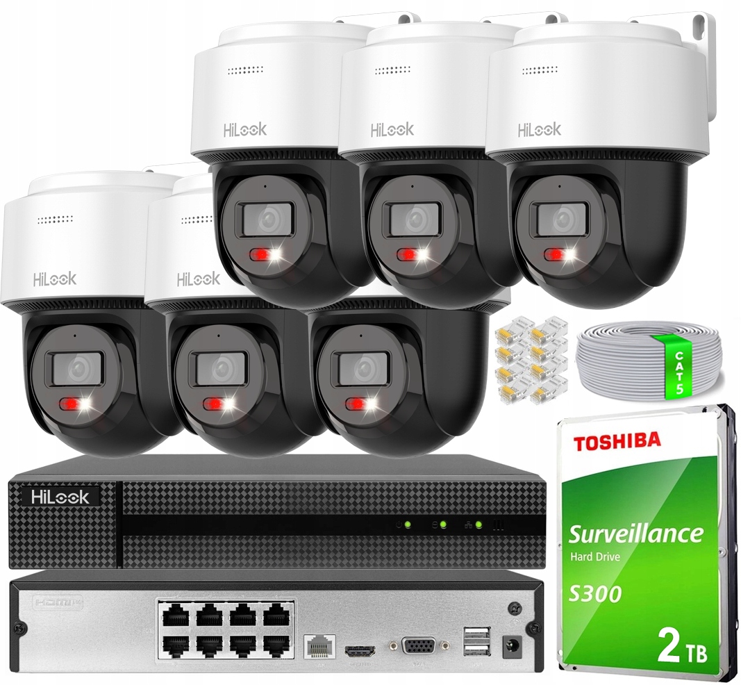 Sada na monitorovanie 6 otočných PoE kamier 4MPx HiLook Hikvision Disk 2TB