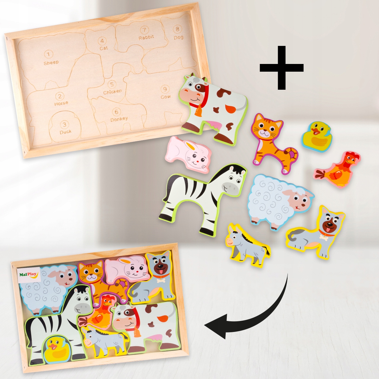 PUZZLE DREWNIANA UKŁADANKA FARMA ZOO ZWIERZĘTA MONTESSORI PLANSZA KLOCKI Stan opakowania oryginalne