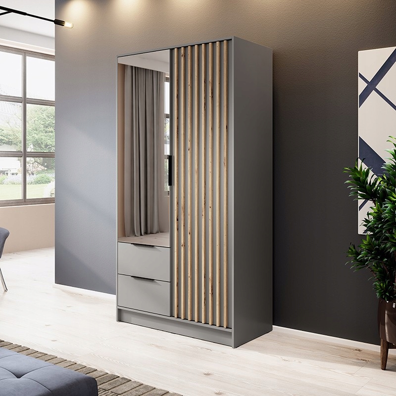 Szara Szafa Dwudrzwiowa z Lustrem LAMELE 105 cm Marka Multi Meble