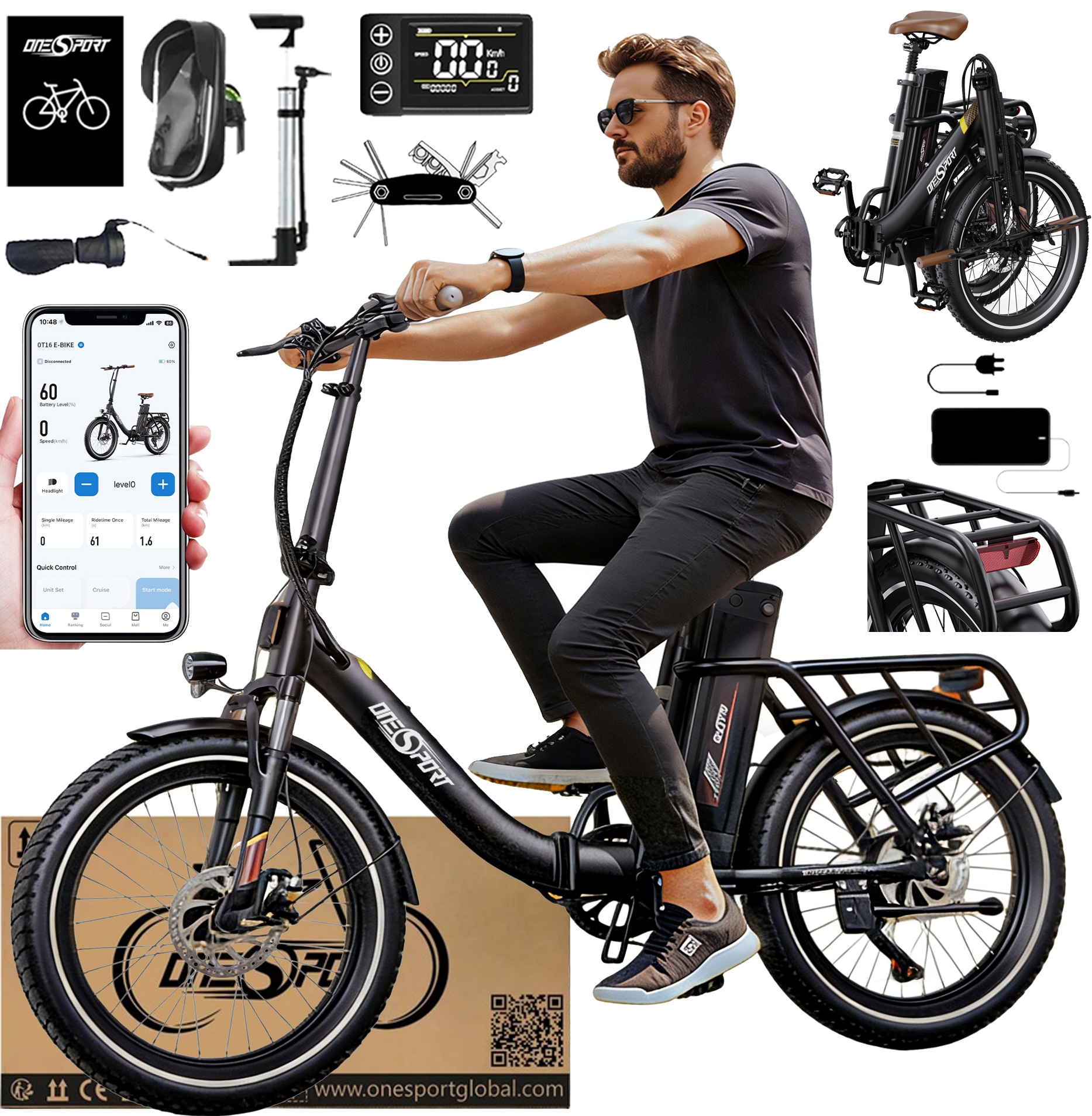 Onesport OT16-2 Elektrokolo 250W 48V 17AH 25KM/H 120KM 20*3" S App