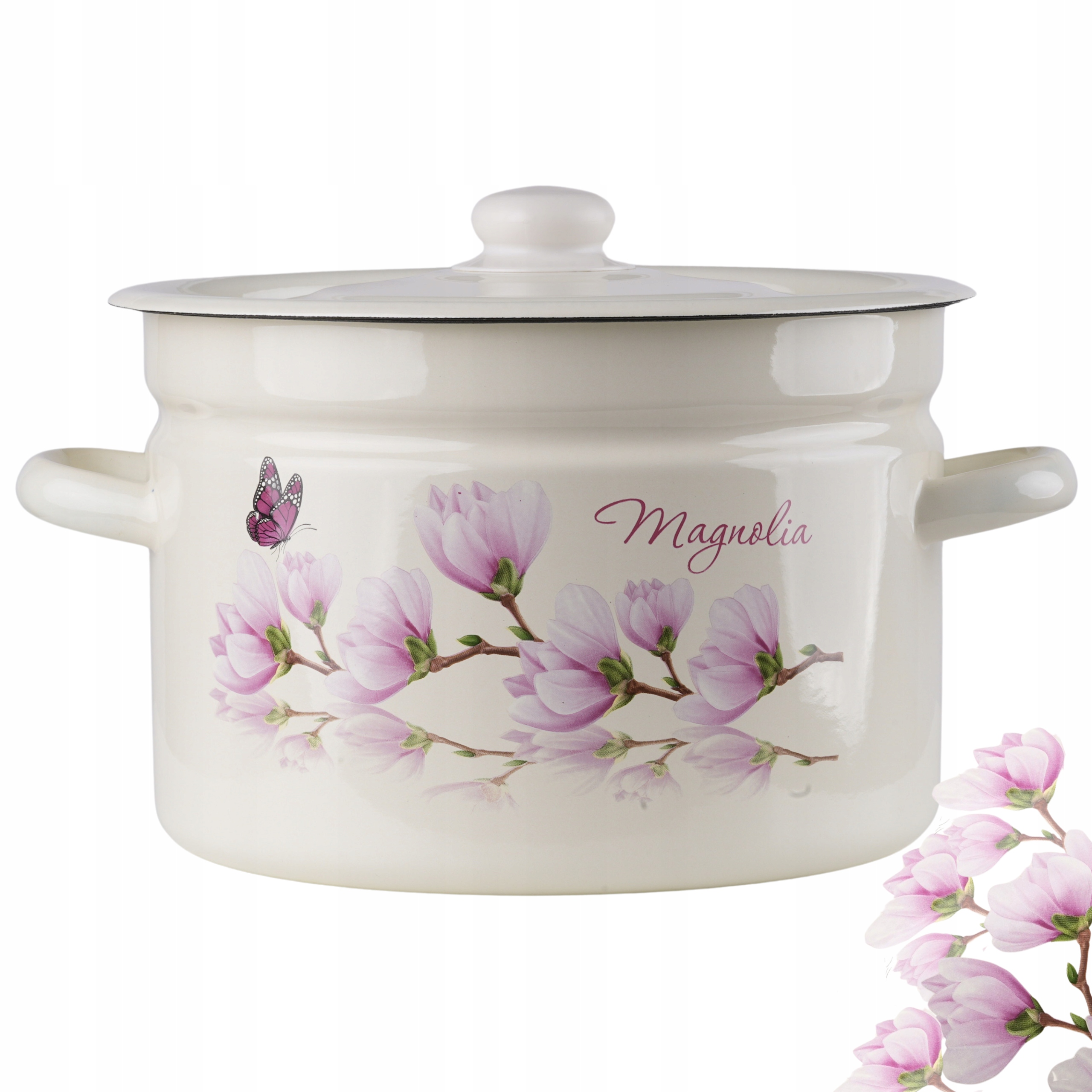 Garnek Emaliowany 9L Duży Gar Szeroki Z Pokrywą Do Bigosu W Kwiaty Magnolia