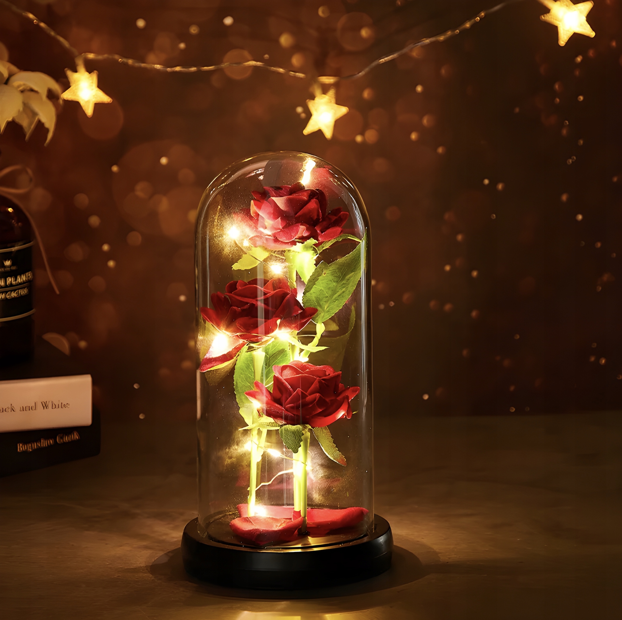 WIECZNA RÓŻA 3 RÓŻE W SZKLE ŚWIECĄCA LED PUDEŁKO ROMANTYCZNY PREZENT Wysokość 21 cm