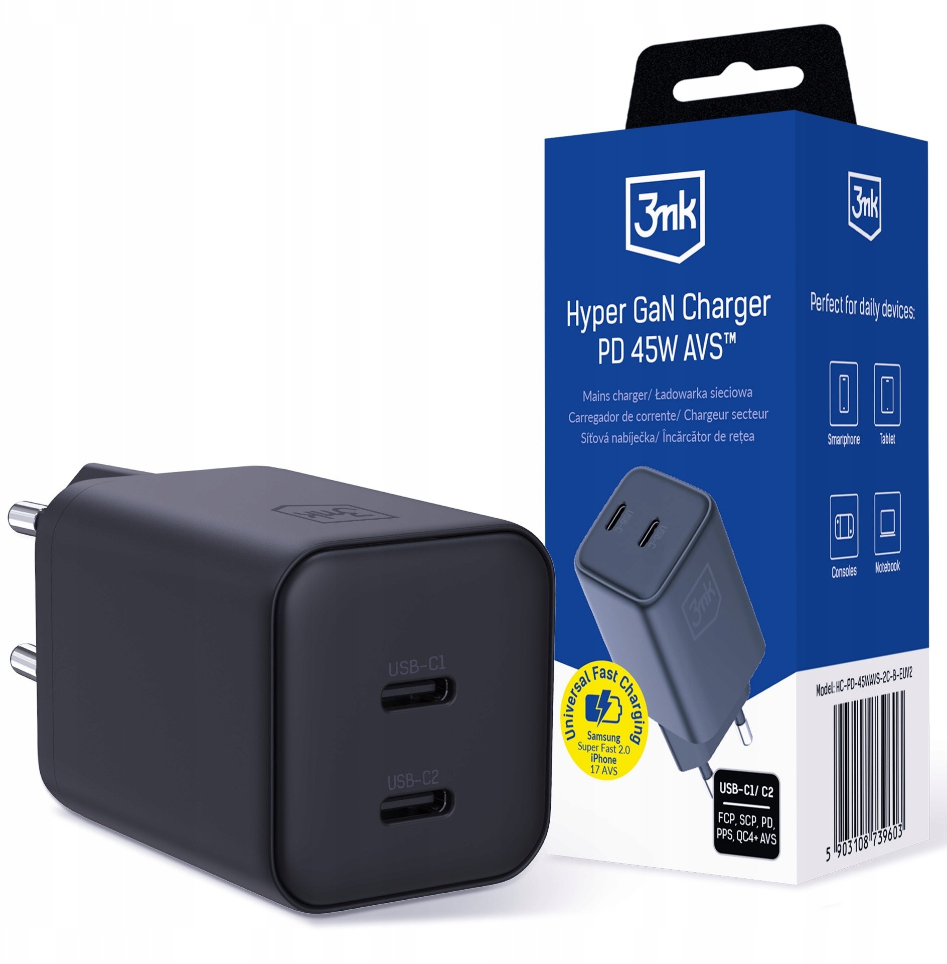 3MK 3mk Hyper Charger Pd 45W GaN Avs QC4+ Pps Afc Fcp Dcp 2C Black