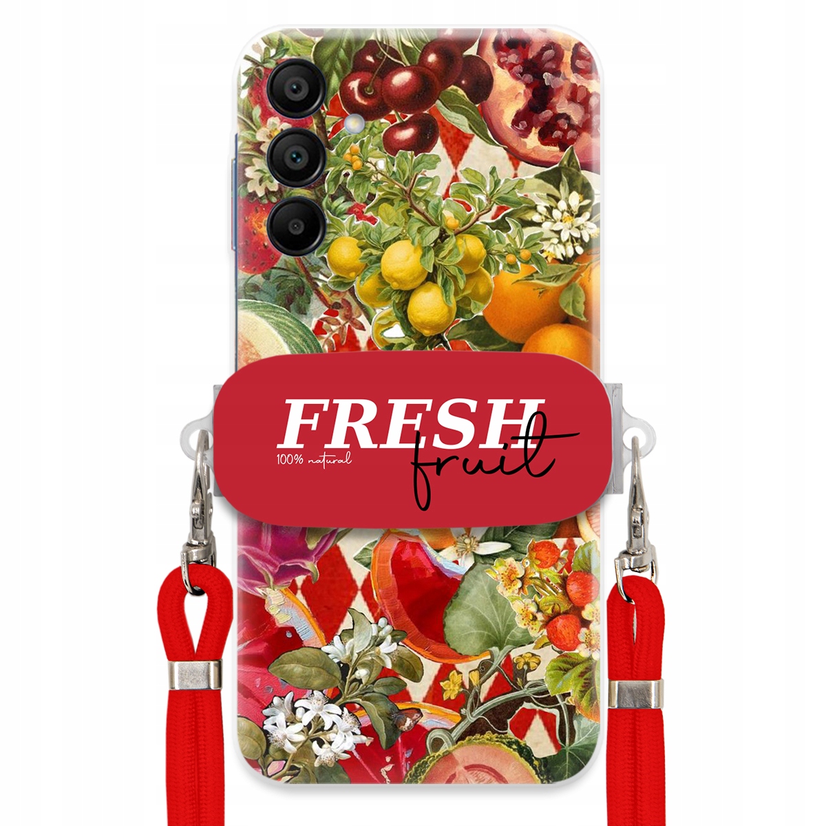 Puzdro pre Samsung A15 5G Červené Crossbody vodítko držiak Fresh Fruit Ovocie