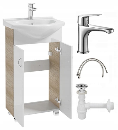 Szafka łazienkowa z umywalką baterią i syfonem 50x86cm stojąca biały front