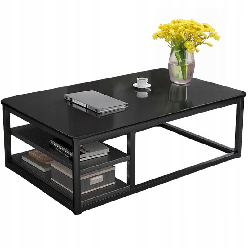 Moderný Konferenčný Konferenčný Stolík S Policami Obývačka Obývačky, Veľký Čierný Loft 120 CM