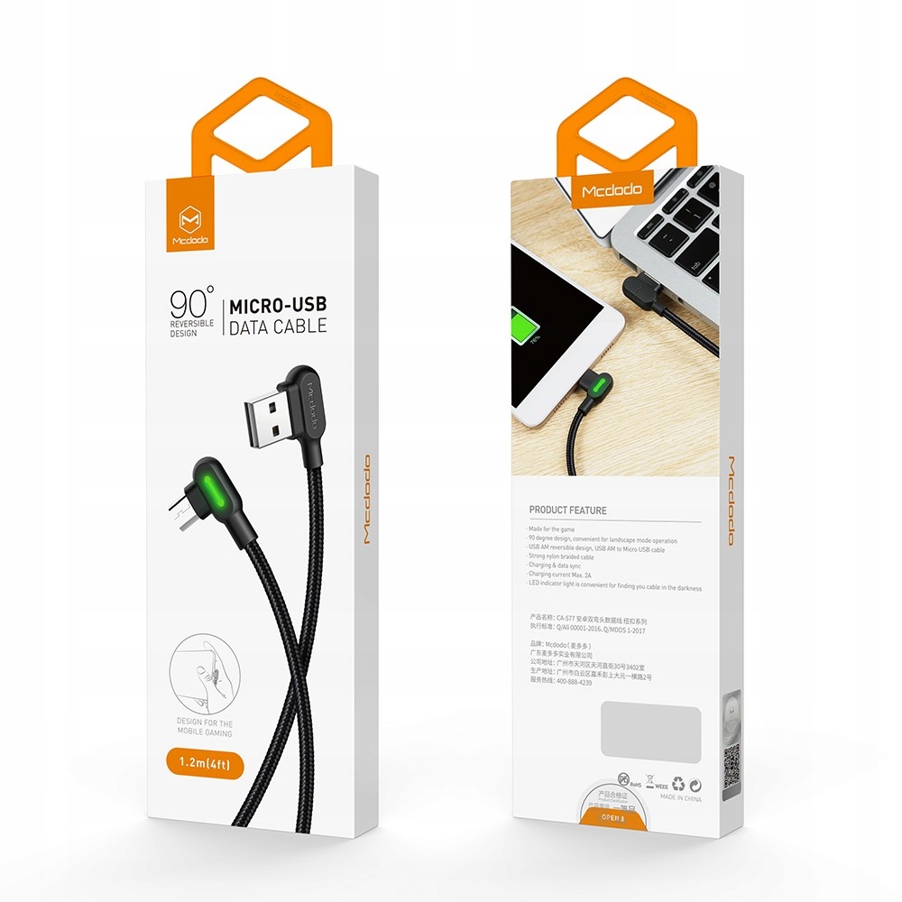 MCDODO SZYBKI KABEL KĄTOWY 90° LED MICRO USB 1,8m Zgodność ze standardem Quick Charge 1.0 Quick Charge 2.0 Quick Charge 3.0 Quick Charge 4.0