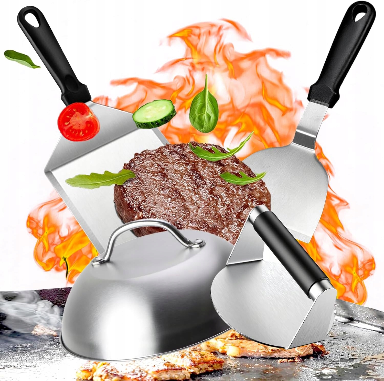 Zestaw Do Smash Burgerów Łopatki Praska Pokrywa Grillowanie Gotowanie 4el