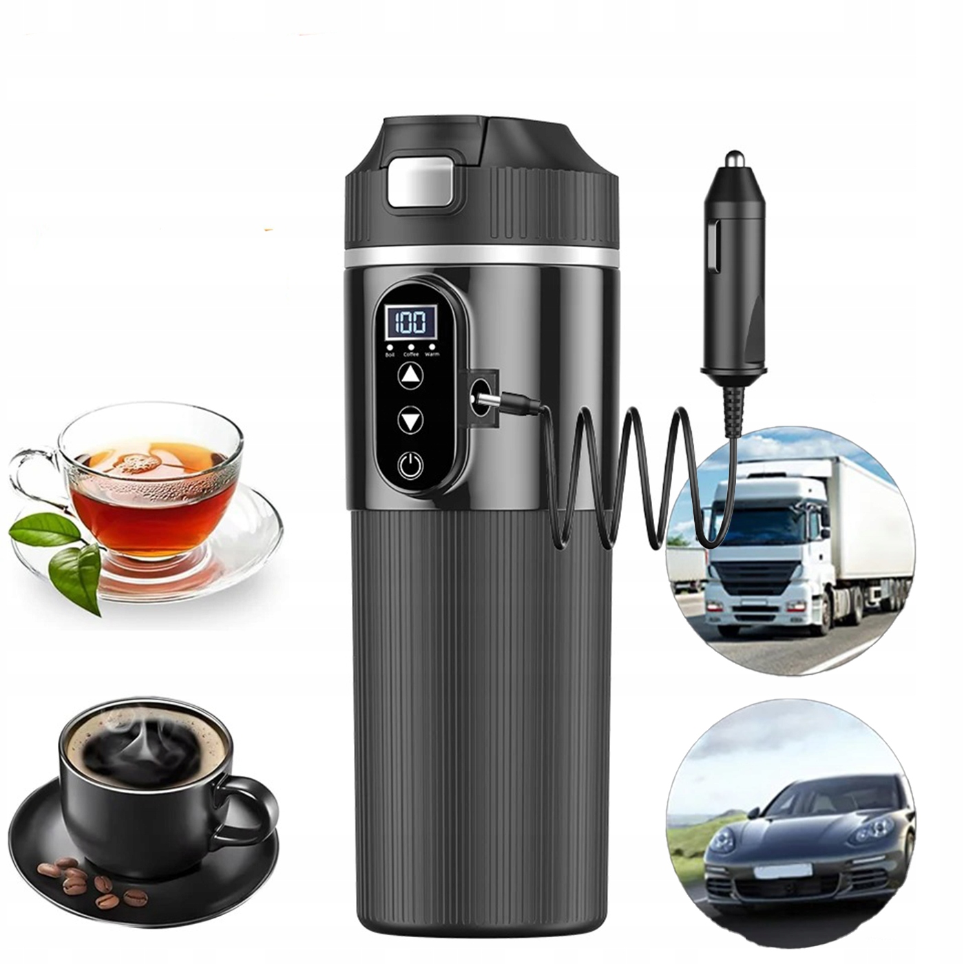 Automobilová varná konvice 12V/24V Termohrnek 500ML Ocel Dotyk Termoska Taška