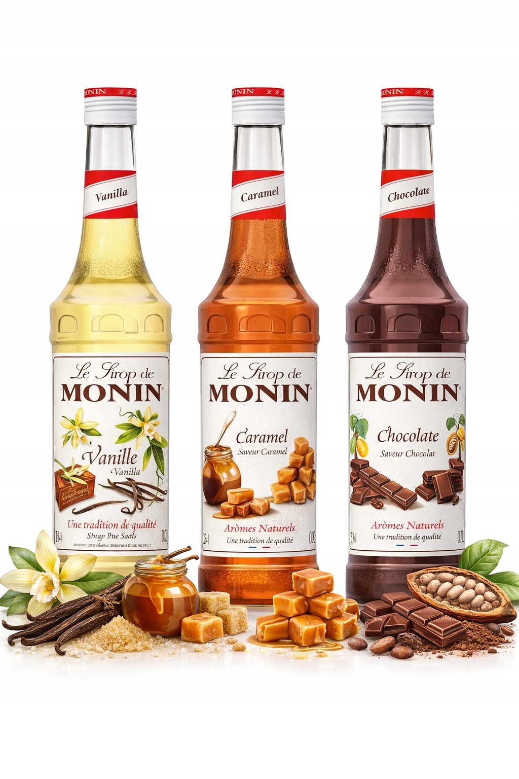 Levně 3 x Monin Kávový sirup Karamelový Vanilkový Čokoládový 700 ml MIX sada