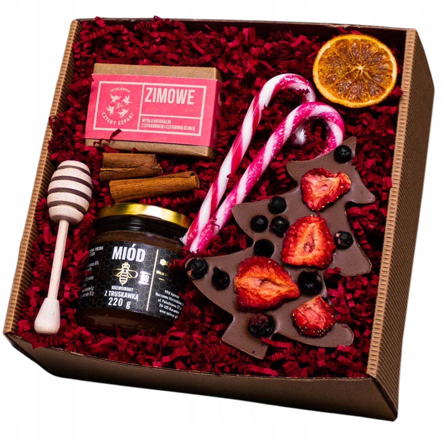 Levně Vánoční dárkový koš Box zimní mýdlo 4špačci, med, čokoláda