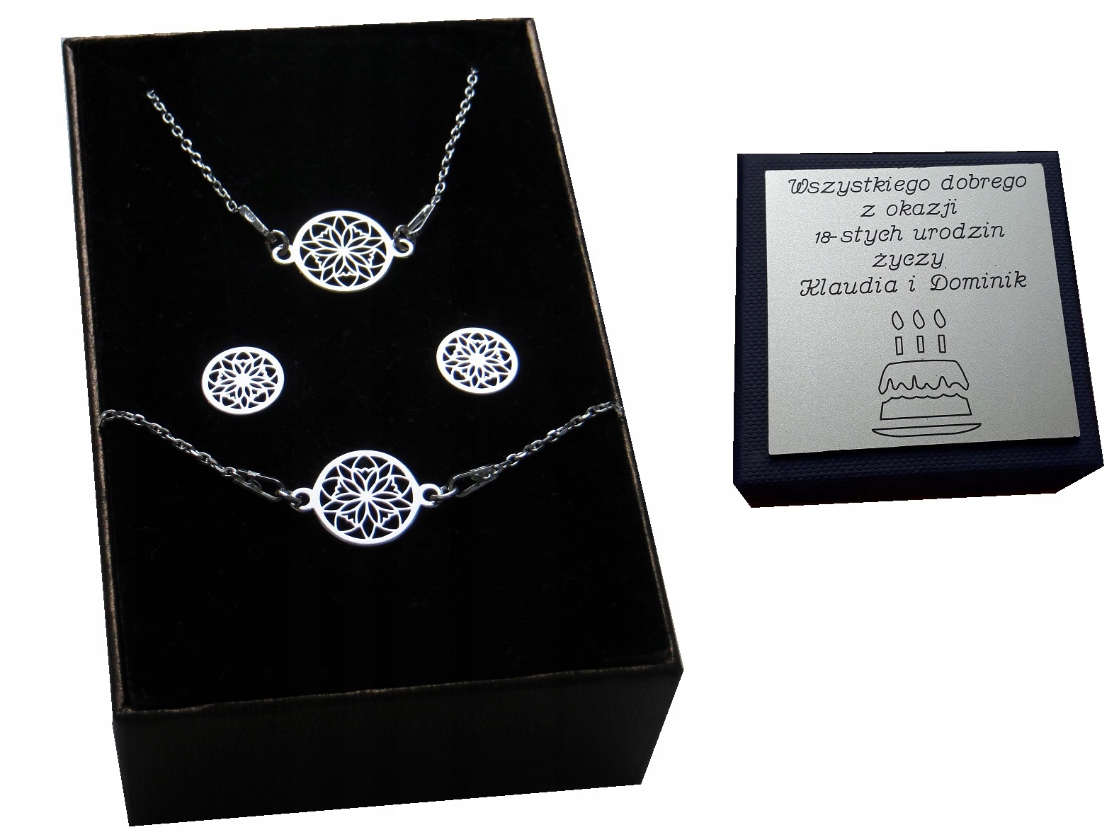 

Srebrny komplet ażurowy z ażurkami Grawer 925