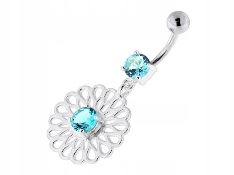 Stříbrný náušník 925 do pupíku, perforovaný, aqua jako dárek, módní, efektní vzor