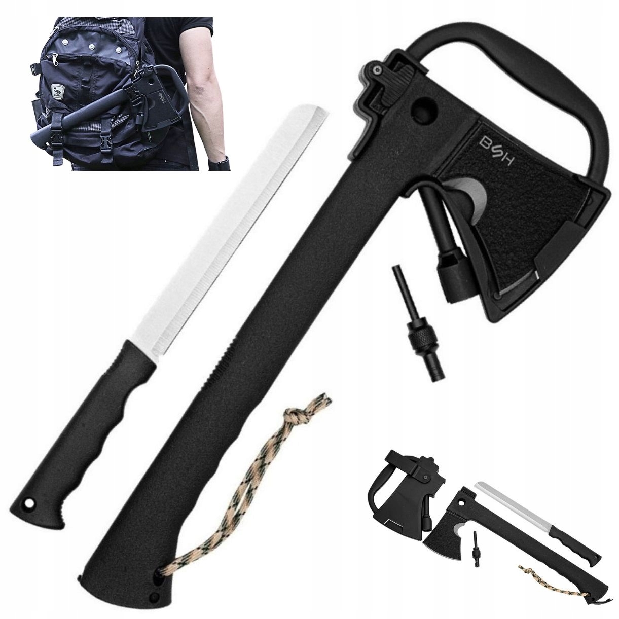 Bsh Toporek Nóż Siekiera Maczeta Survival Krzesiwo Gwizdek Młotek Multitool
