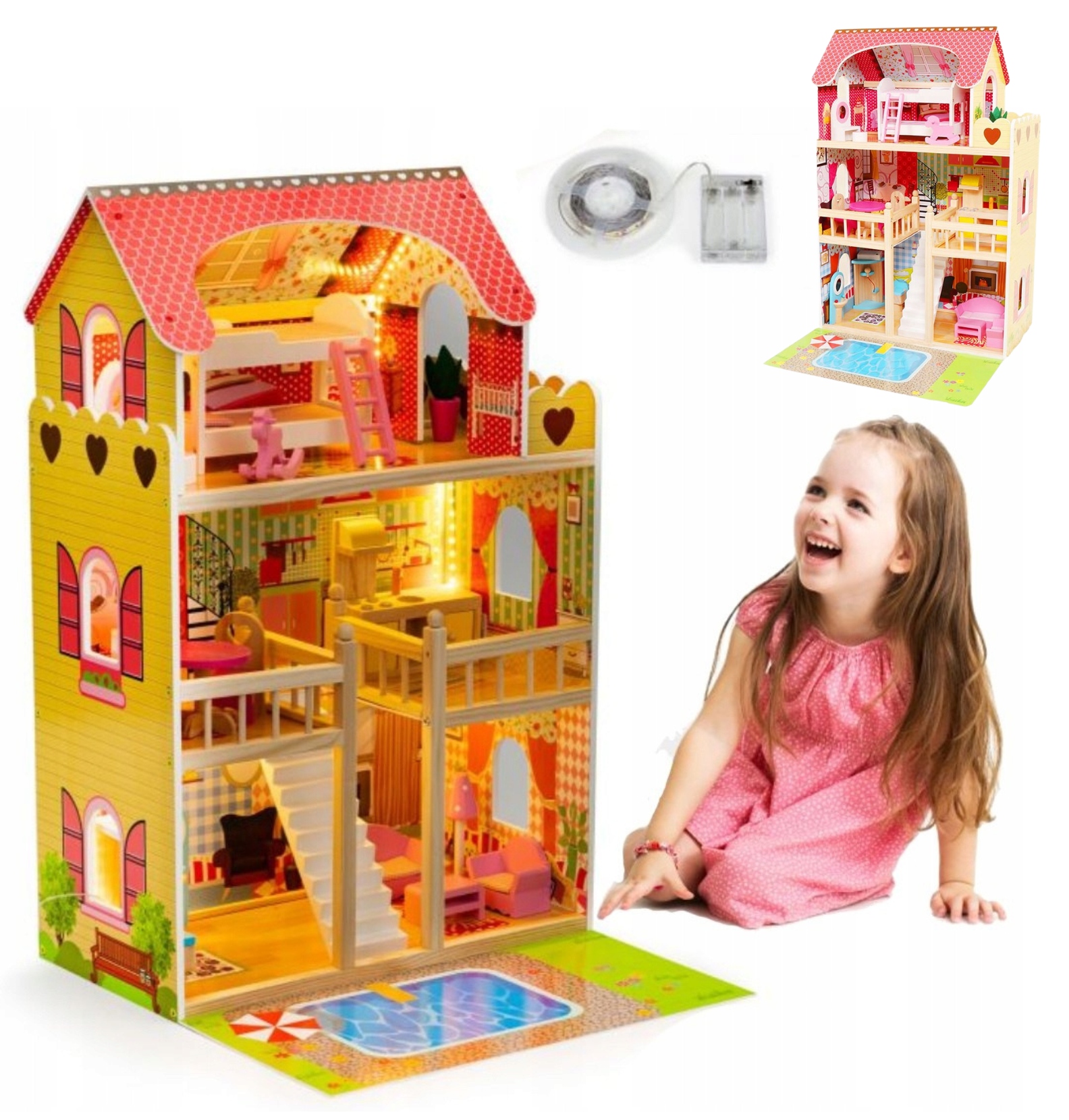 DOMEK DLA LALEK DUŻY DREWNIANY MEBLE BASEN ŚWIATŁO LAMPY LED