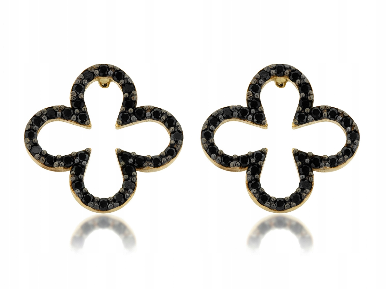 Náušnice ze zlata 585 s květinami a obrysy na tyči s černými zirkony