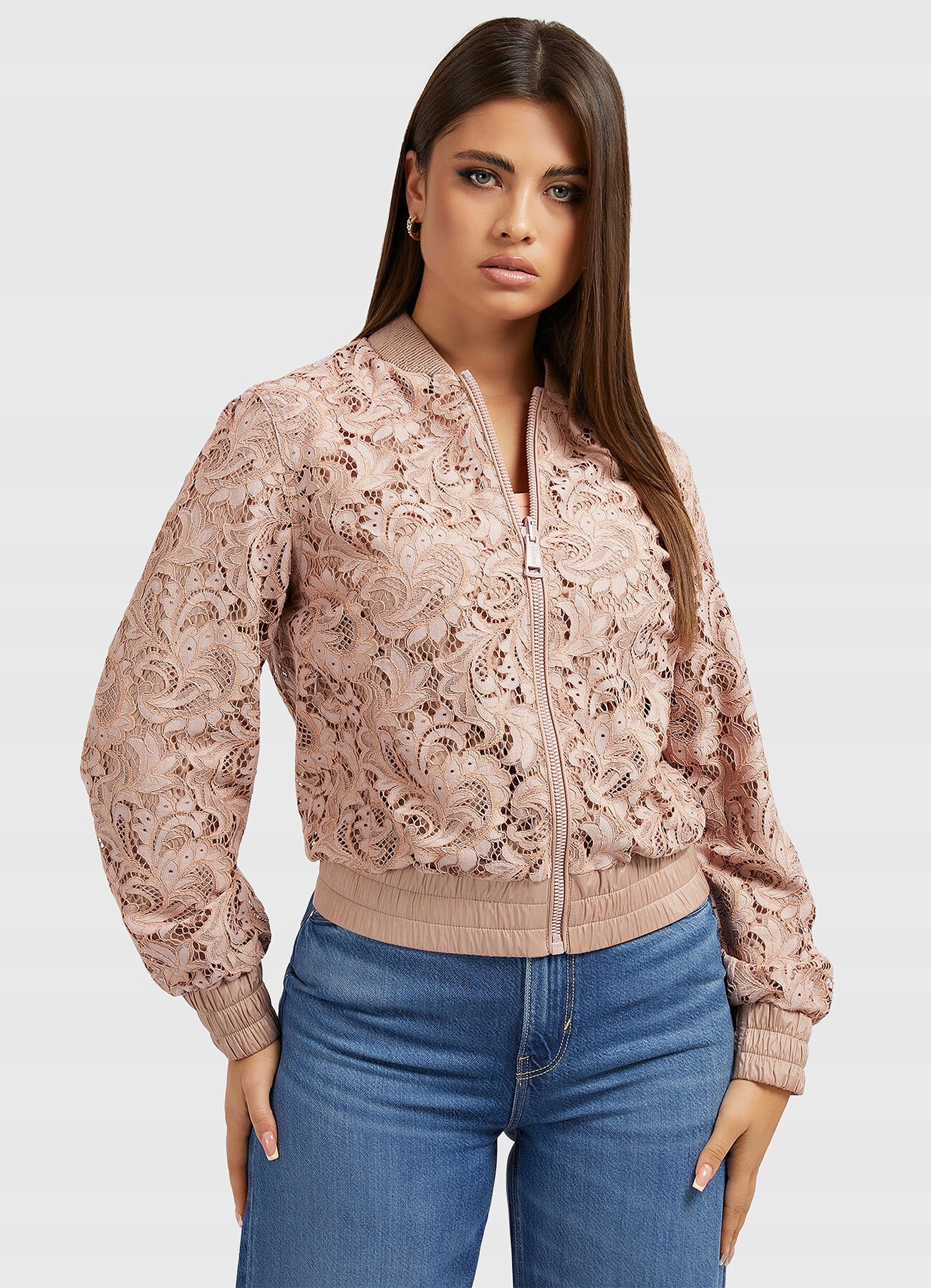 Guess Bunda Bomber Růžová Ažurová Se Stahovací Šňůrkou Xs Gga