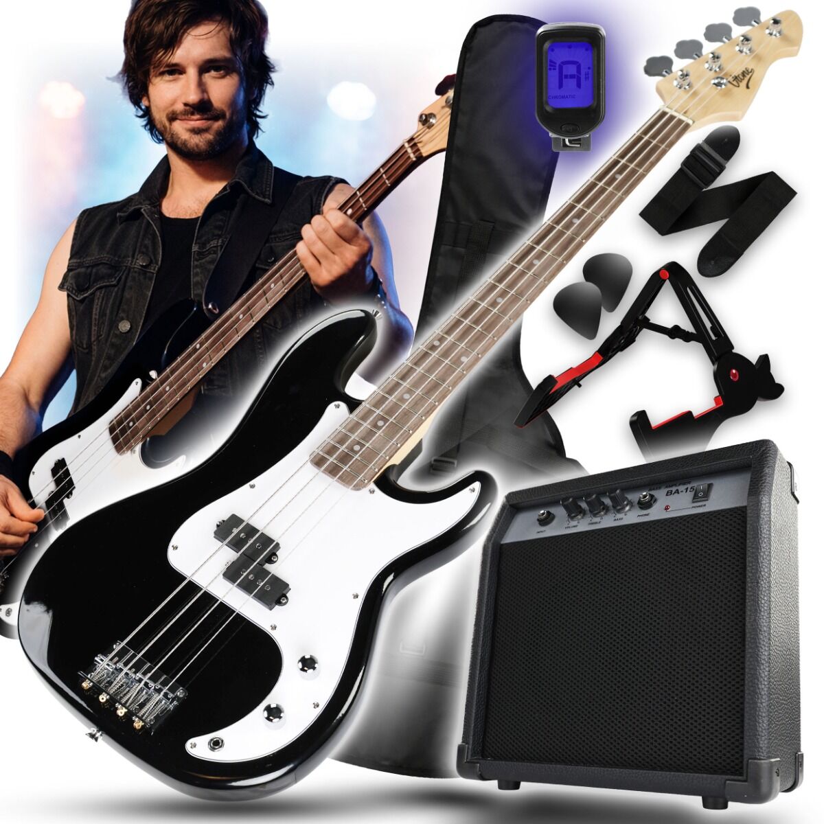 Zestaw Gitara Basowa Precision Bass 4/4 Combo 15W Tuner Pokrowiec