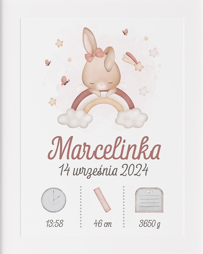 Metryczka dla dziewczynki A4 Pamiątka narodzin Prezent dla maluszka W RAMCE